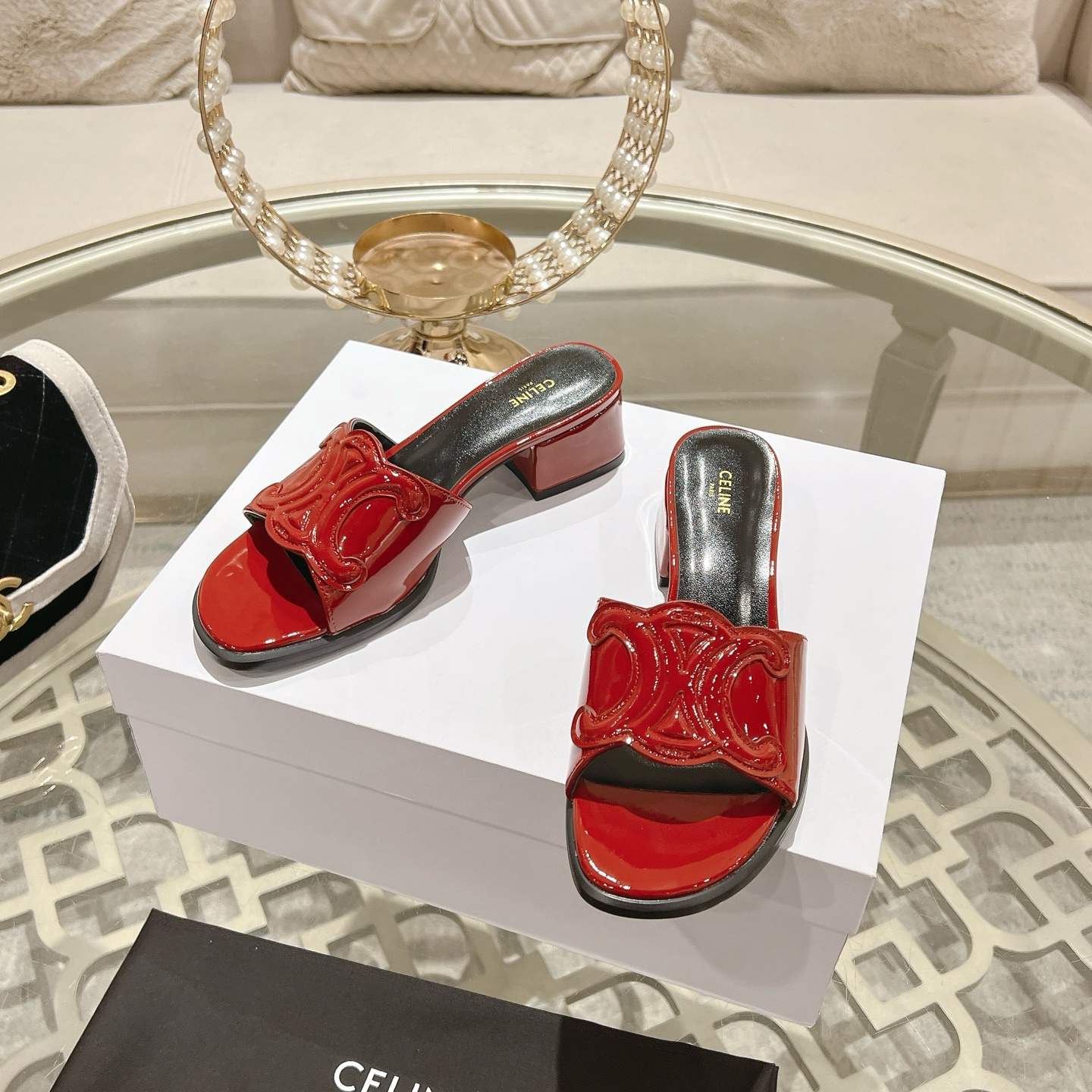 Celine Triomphe Logo Red Leather Heeled Sandals Luxury Designer Shoes 6 i1741053188195 564 0 4