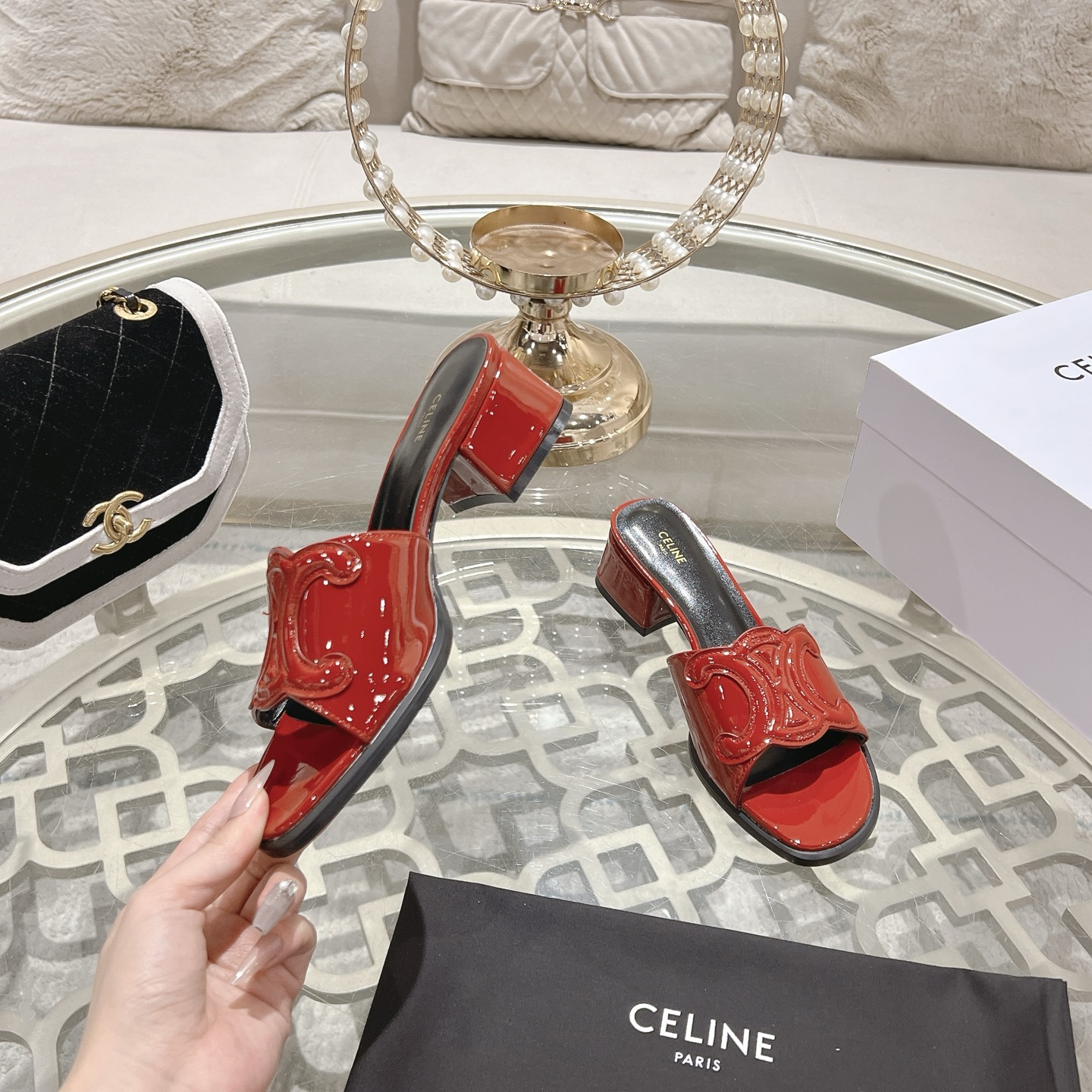 Celine Triomphe Logo Red Leather Heeled Sandals Luxury Designer Shoes 4 i1741053188286 7196 0 2