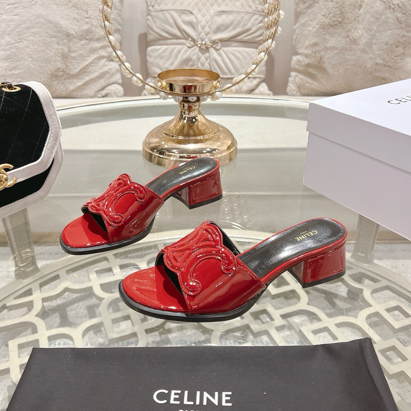 Celine Triomphe Logo Red Leather Heeled Sandals Luxury Designer Shoes 1 Celine Triomphe Logo Red Leather Heeled Sandals Luxury Designer Shoes