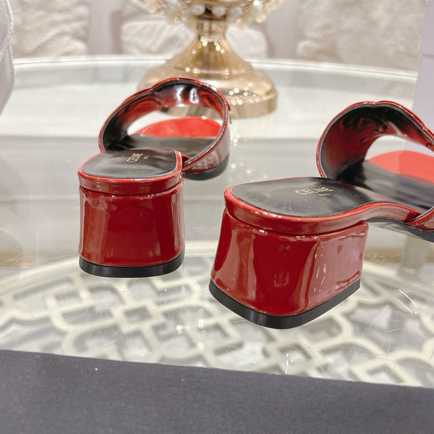 Celine Triomphe Logo Red Leather Heeled Sandals Luxury Designer Shoes 7 i1741053189112 3442 0 5