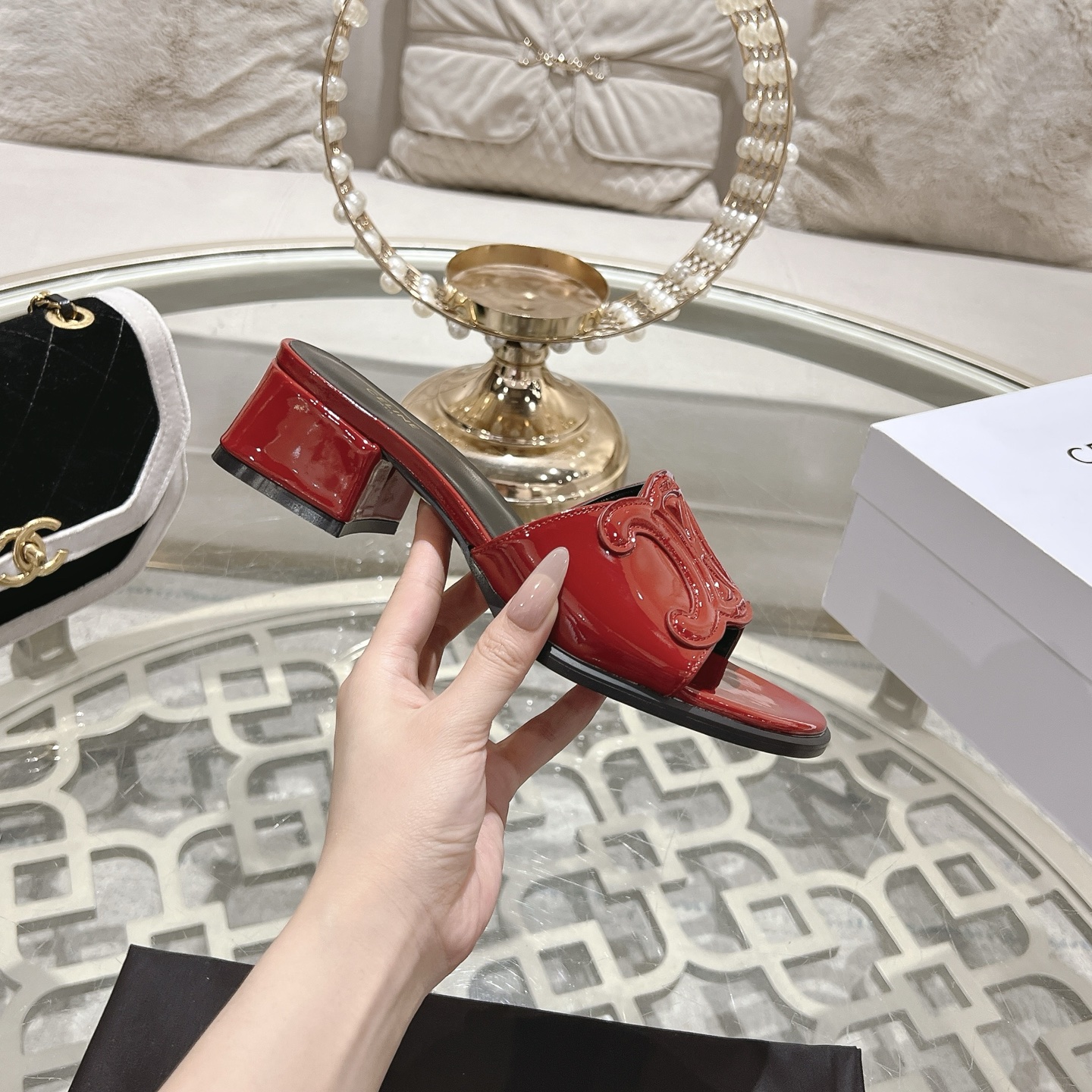 Celine Triomphe Logo Red Leather Heeled Sandals Luxury Designer Shoes 5 i1741053189244 54 0 3