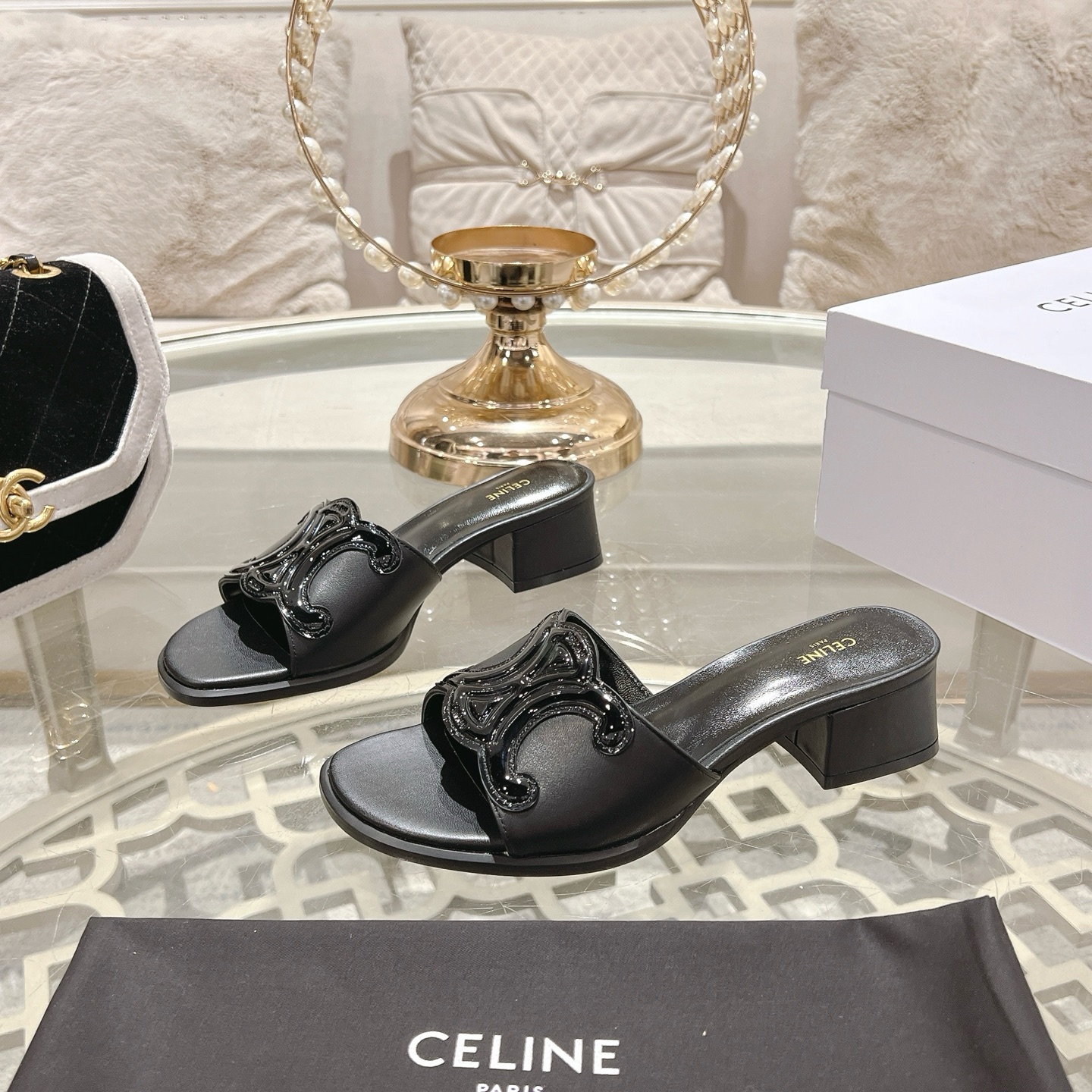 Celine Women's Triomphe Logo Leather Heeled Sandals Slides 1 Celine Women's Triomphe Logo Leather Heeled Sandals Slides
