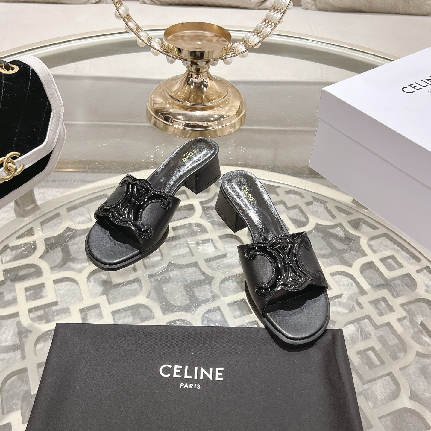 Celine Women's Triomphe Logo Leather Heeled Sandals Slides 4 i1741053218841 5035 0 2