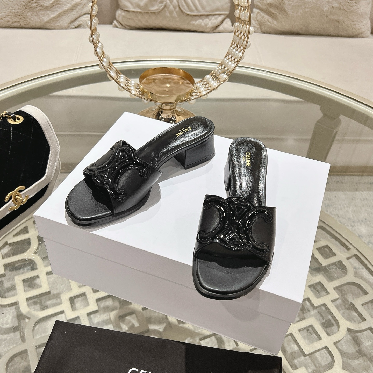 Celine Women's Triomphe Logo Leather Heeled Sandals Slides 5 i1741053219989 3197 0 3