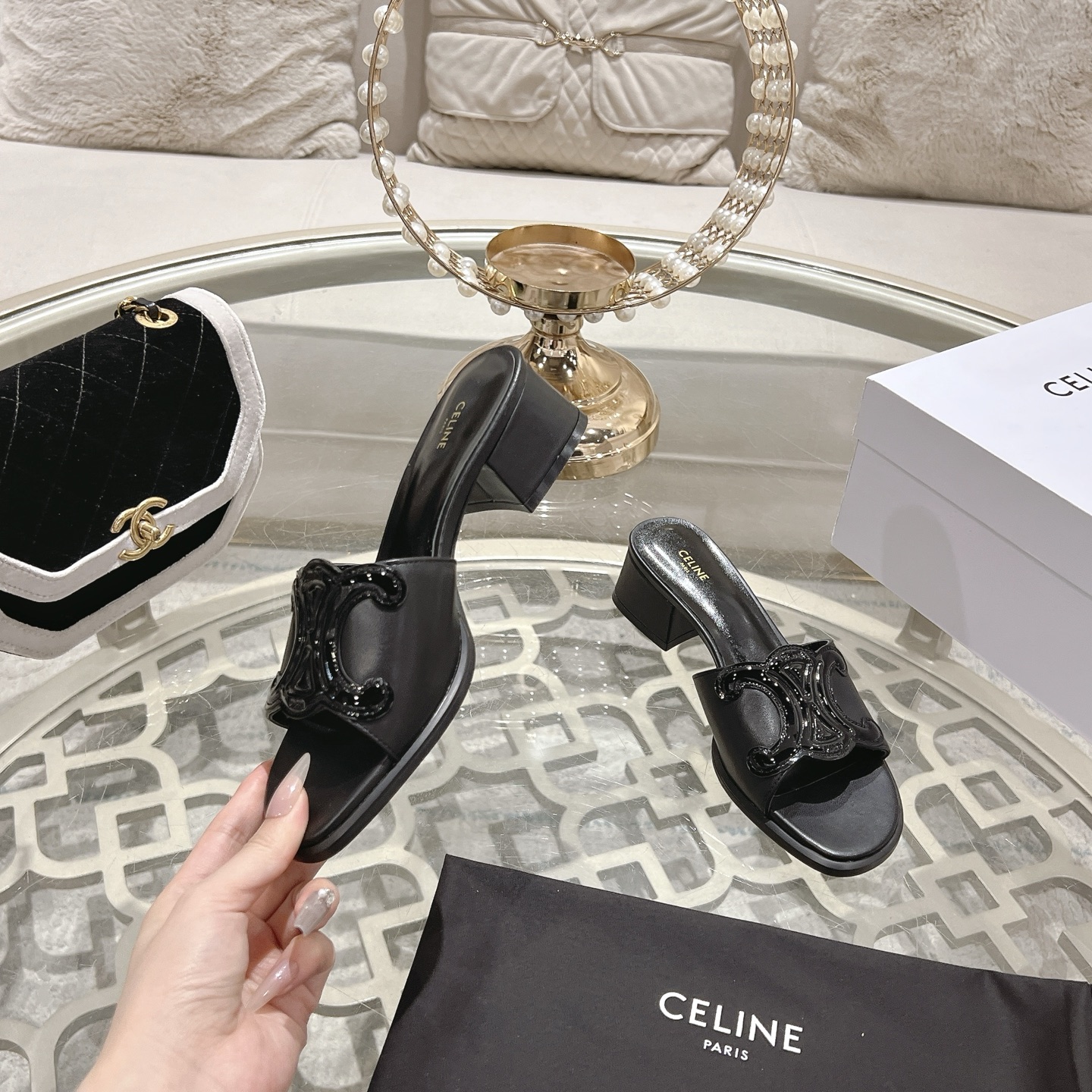 Celine Women's Triomphe Logo Leather Heeled Sandals Slides 7 i1741053220093 814 0 5