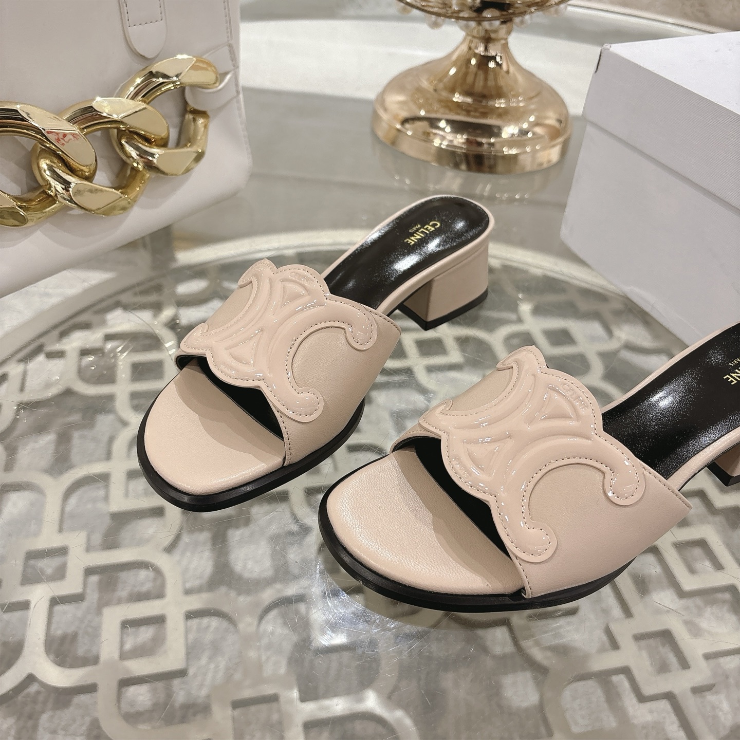 Celine Women's Triomphe Logo Leather Heeled Sandals Slides 8 i1741756018871 8487 0 6