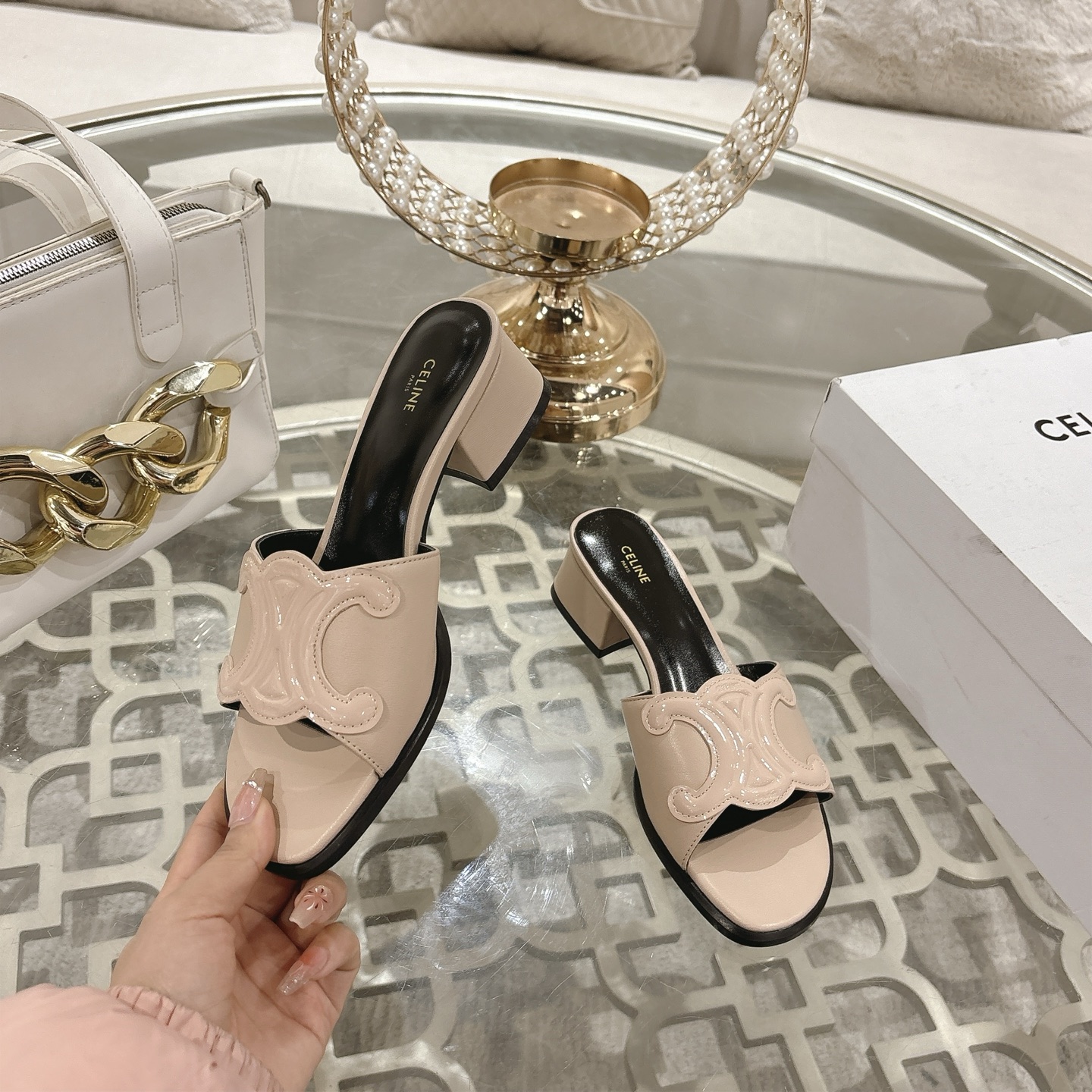 Celine Women's Triomphe Logo Leather Heeled Sandals Slides 2 i1741756020110 6975 0 3