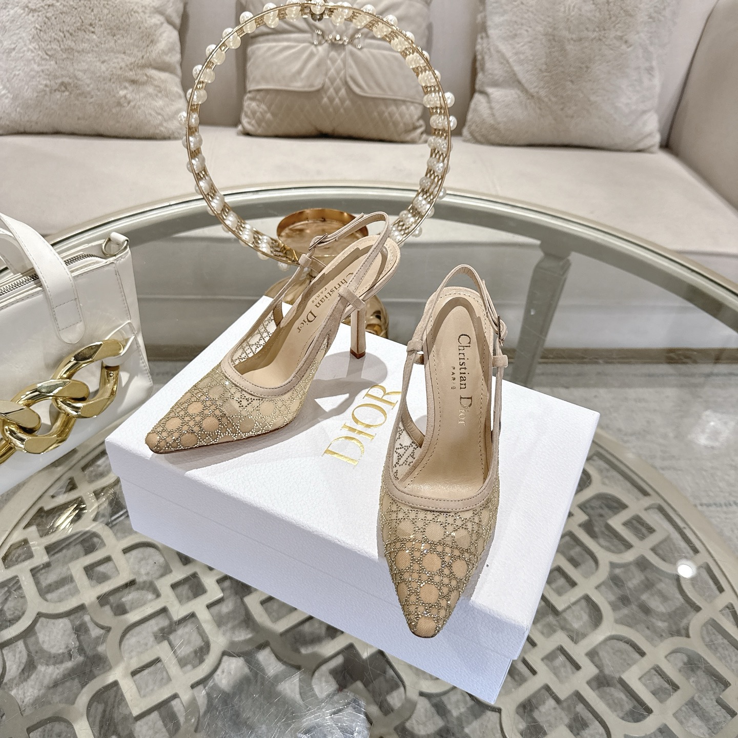 Dior Slingback Pumps in Nude Mesh with Rhinestone Embellishments 7 i1742966209400 5852 0 5