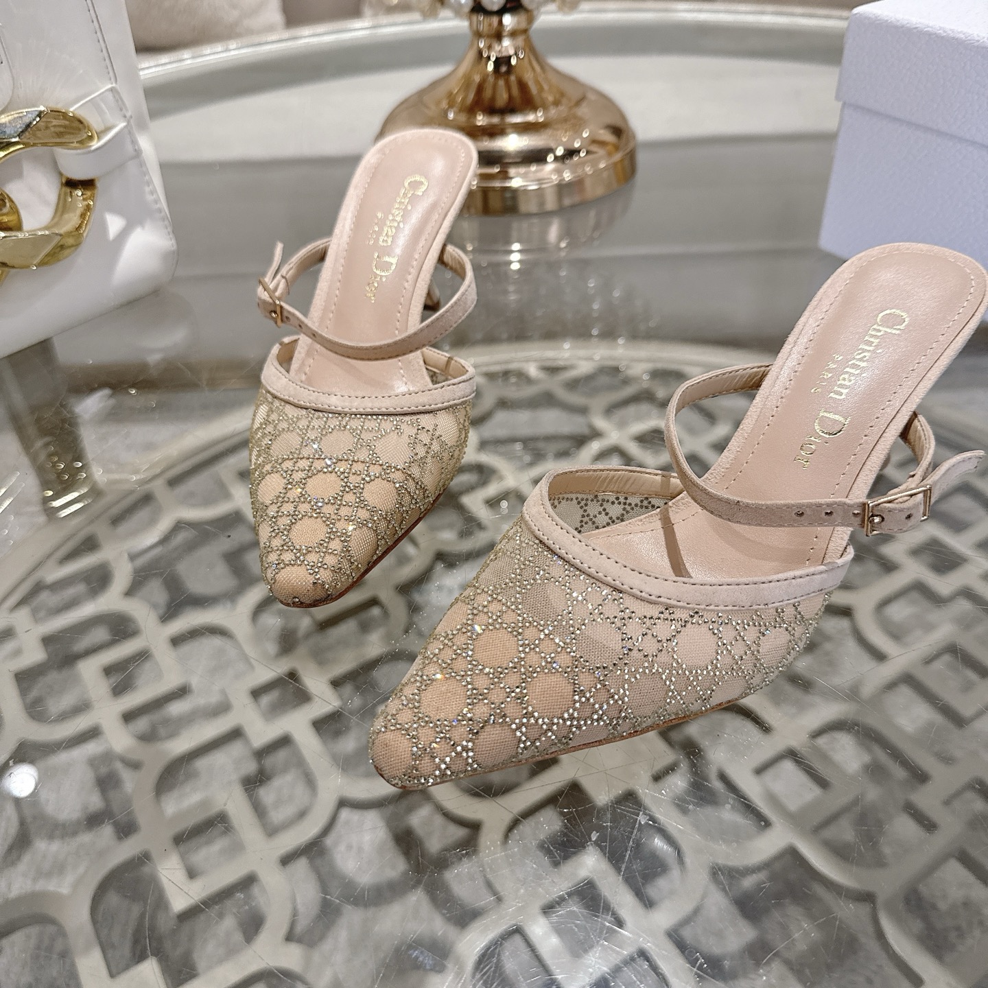 Dior Women's Beige Hot Drill Pointed Toe Kitten Heel Pumps, Elegant and Chic 9 i1742966851276 5198 0 7