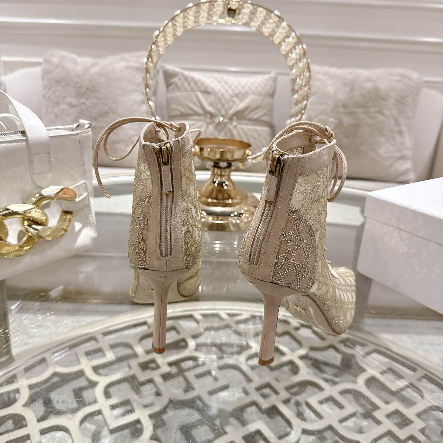 Dior Women's D-Chess Heart Ankle Boots Lace Up Heel, Beige, Size 35-39 8 i1742967575560 3627 0 6