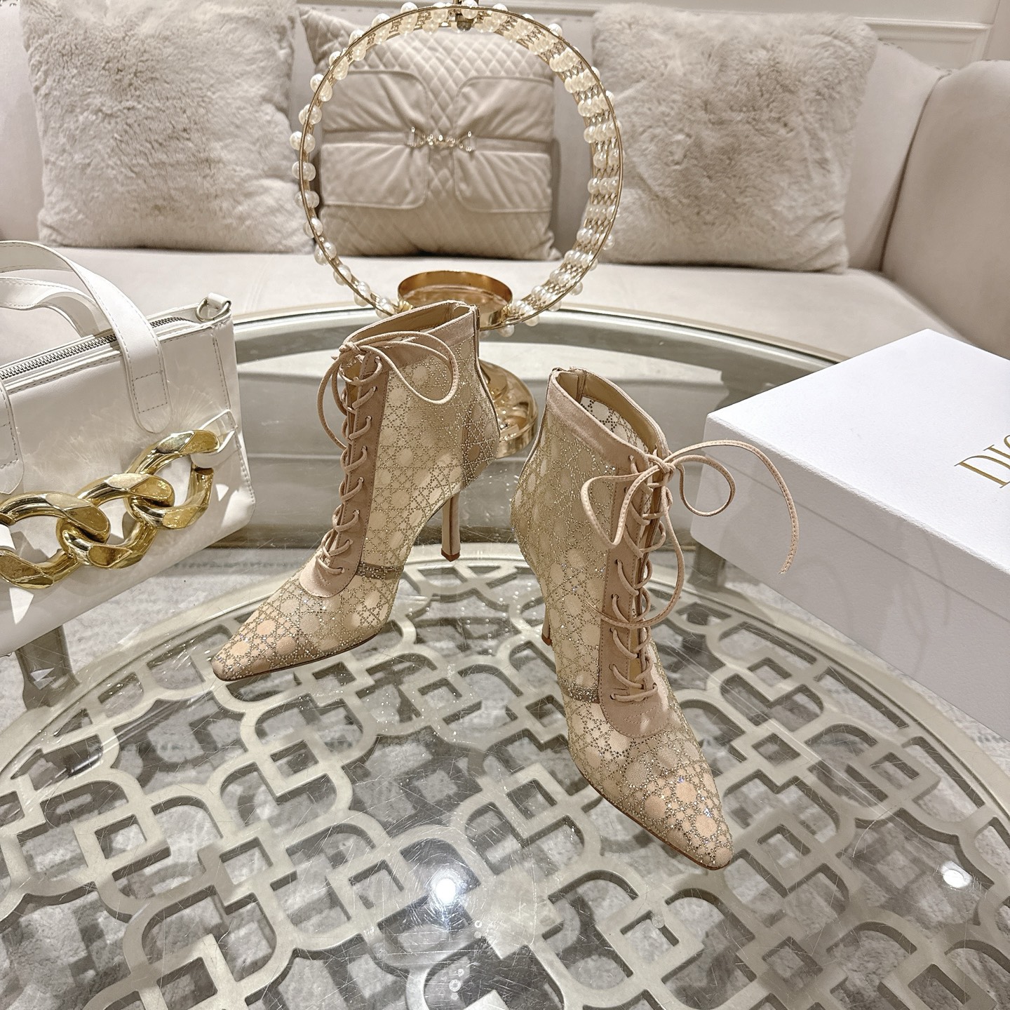 Dior Women's D-Chess Heart Ankle Boots Lace Up Heel, Beige, Size 35-39 4 i1742967576398 235 0 1