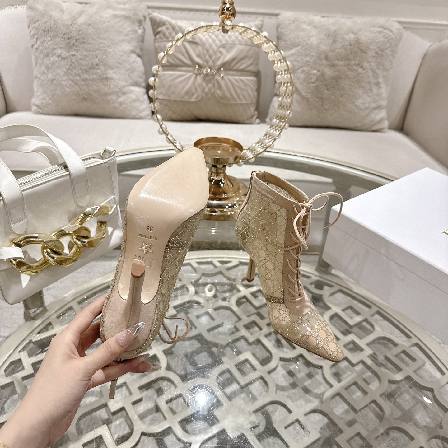 Dior Women's D-Chess Heart Ankle Boots Lace Up Heel, Beige, Size 35-39 10 i1742967576405 848 0 8