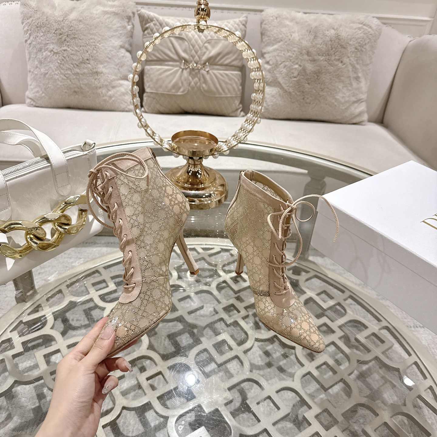 Dior Women's D-Chess Heart Ankle Boots Lace Up Heel, Beige, Size 35-39 6 i1742967576438 8730 0 3