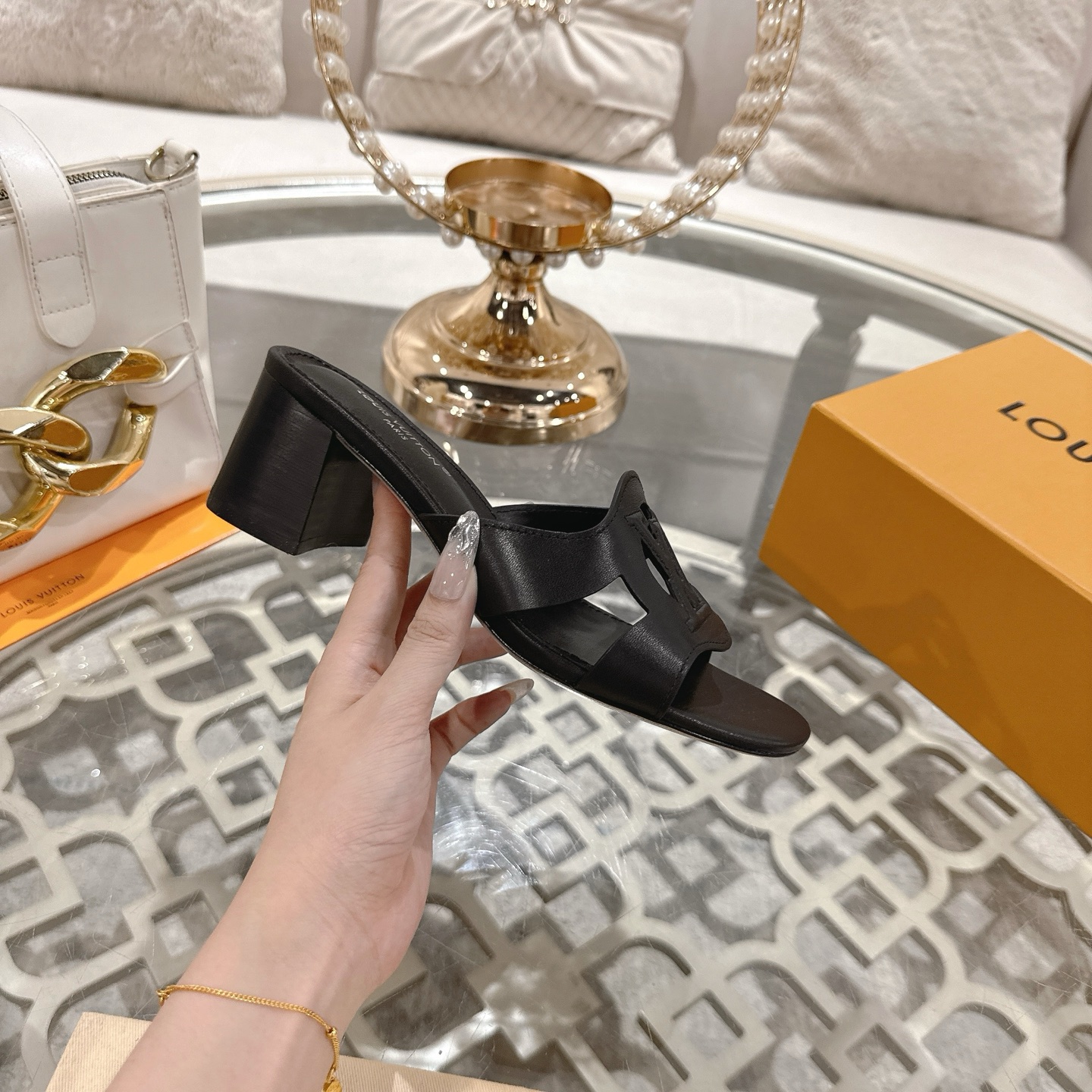 Louis Vuitton Women's Leather Block Heel Sandals With LV Logo - Black 6 i1743059884395 5068 0 4