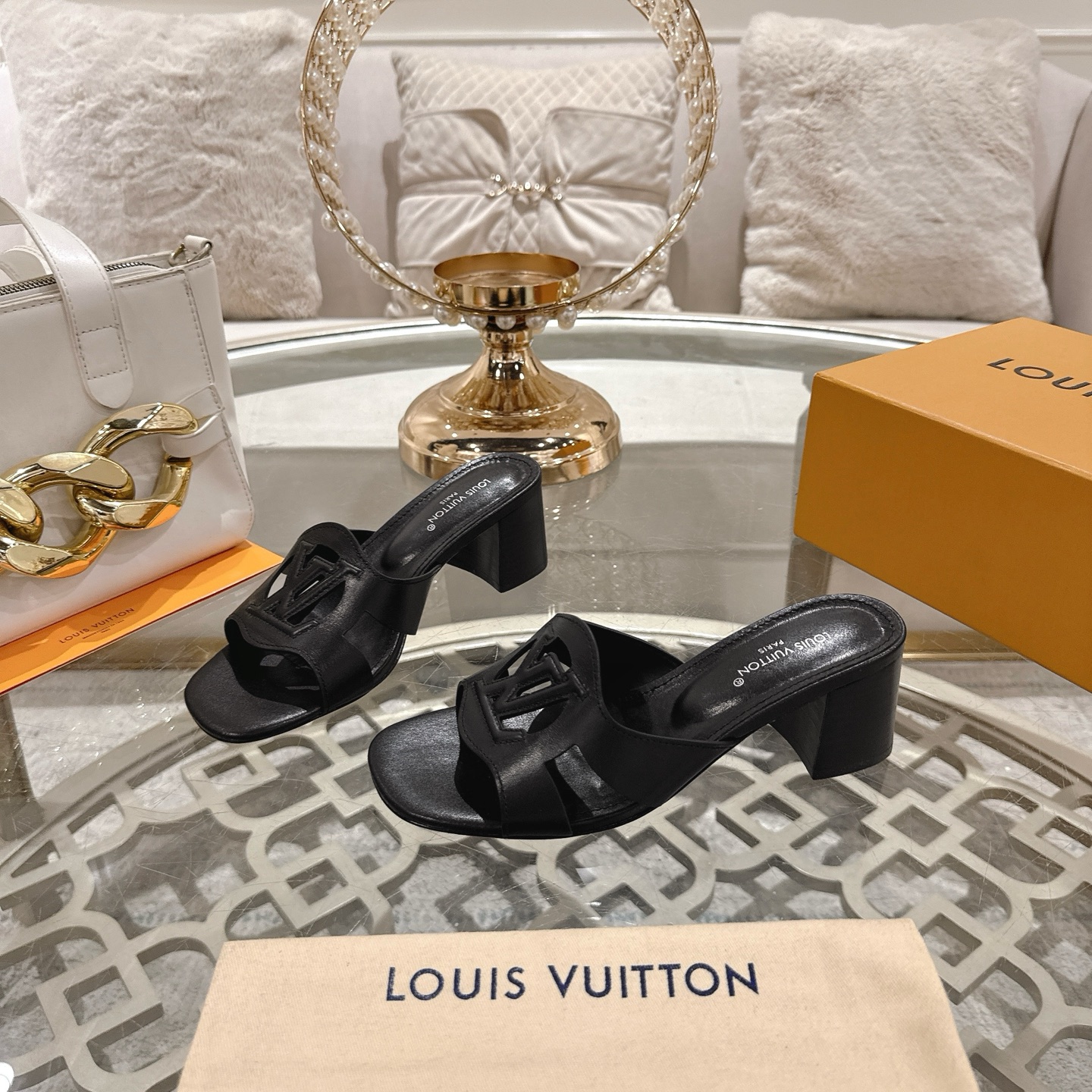 Louis Vuitton Women's Leather Block Heel Sandals With LV Logo - Black 1 Louis Vuitton Women's Leather Block Heel Sandals With LV Logo - Black