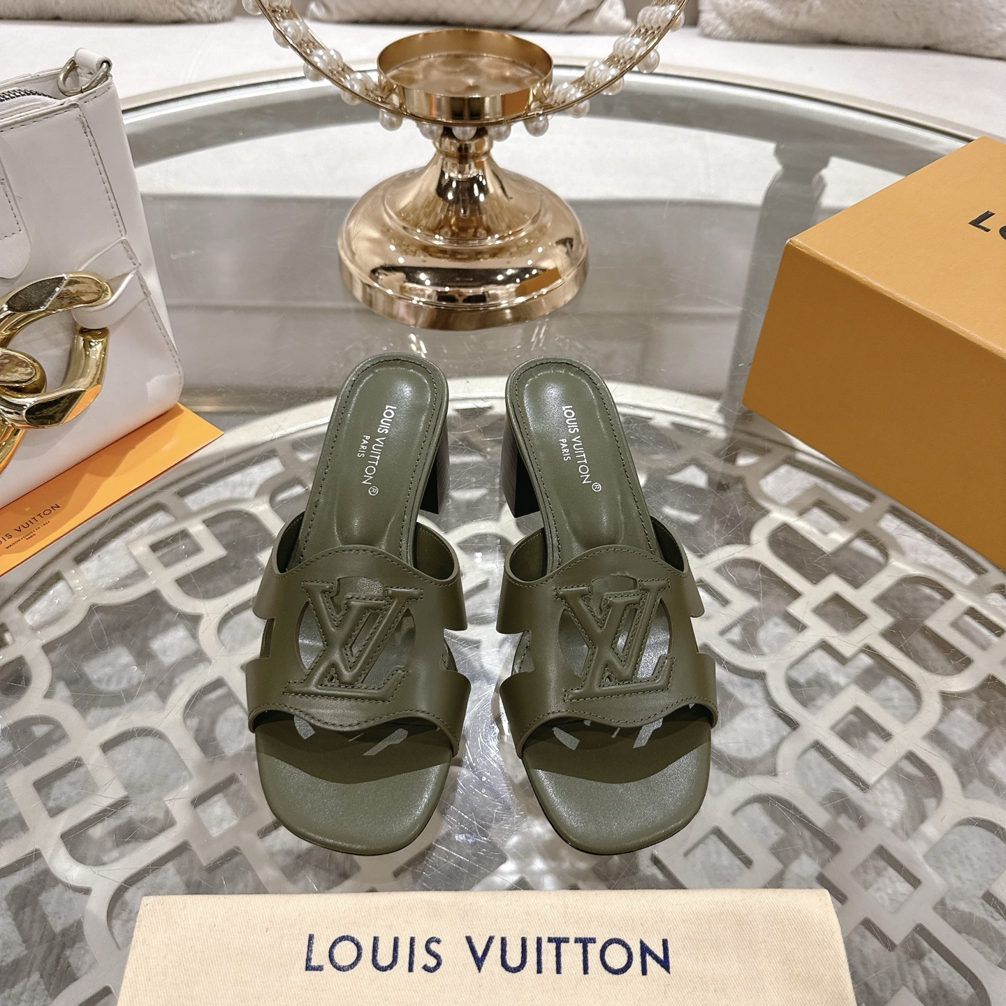 Louis Vuitton Women's Olive Green Leather Block Heel Sandals with LV Logo 3 i1743059927472 5251 0 0