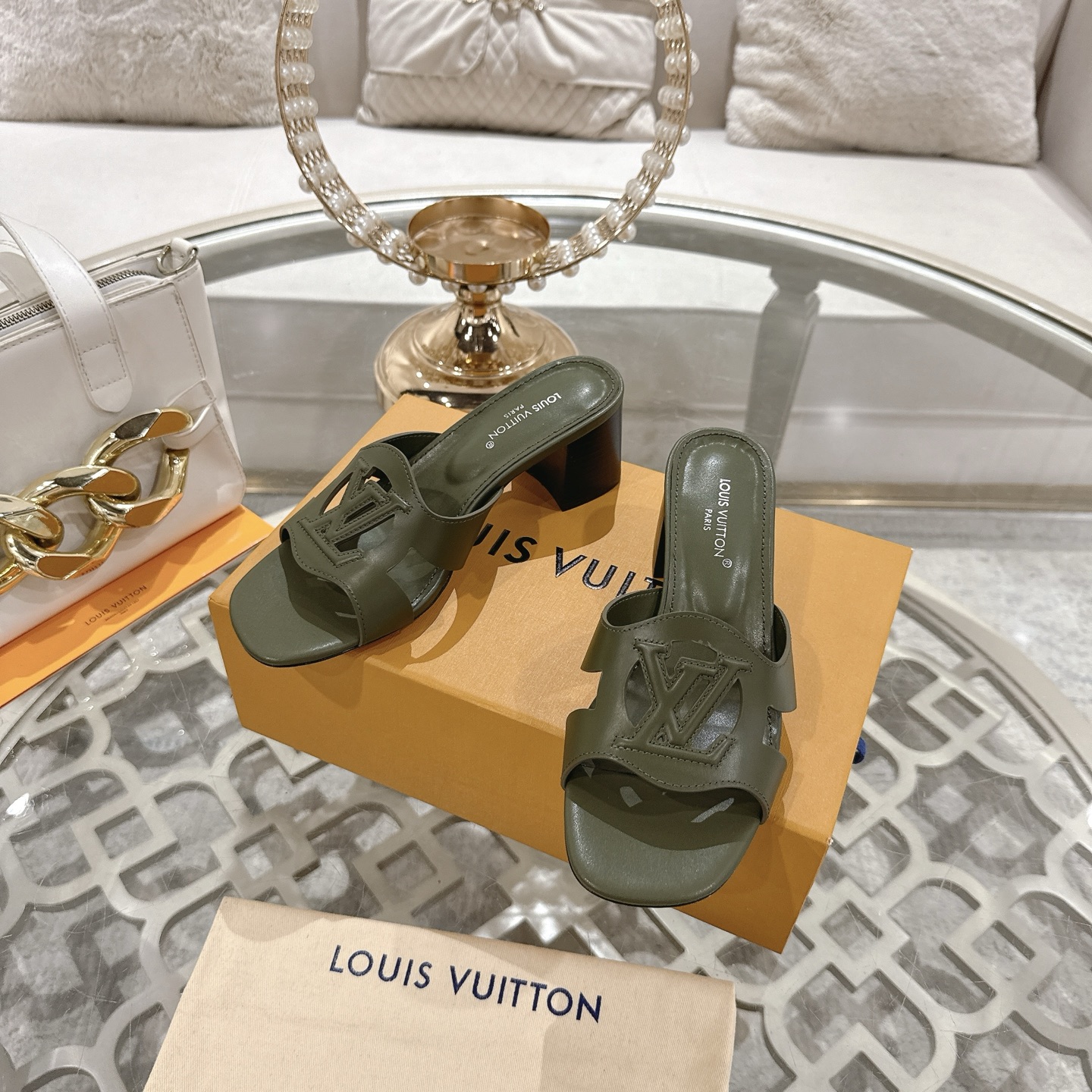 Louis Vuitton Women's Olive Green Leather Block Heel Sandals with LV Logo 7 i1743059927580 4023 0 5