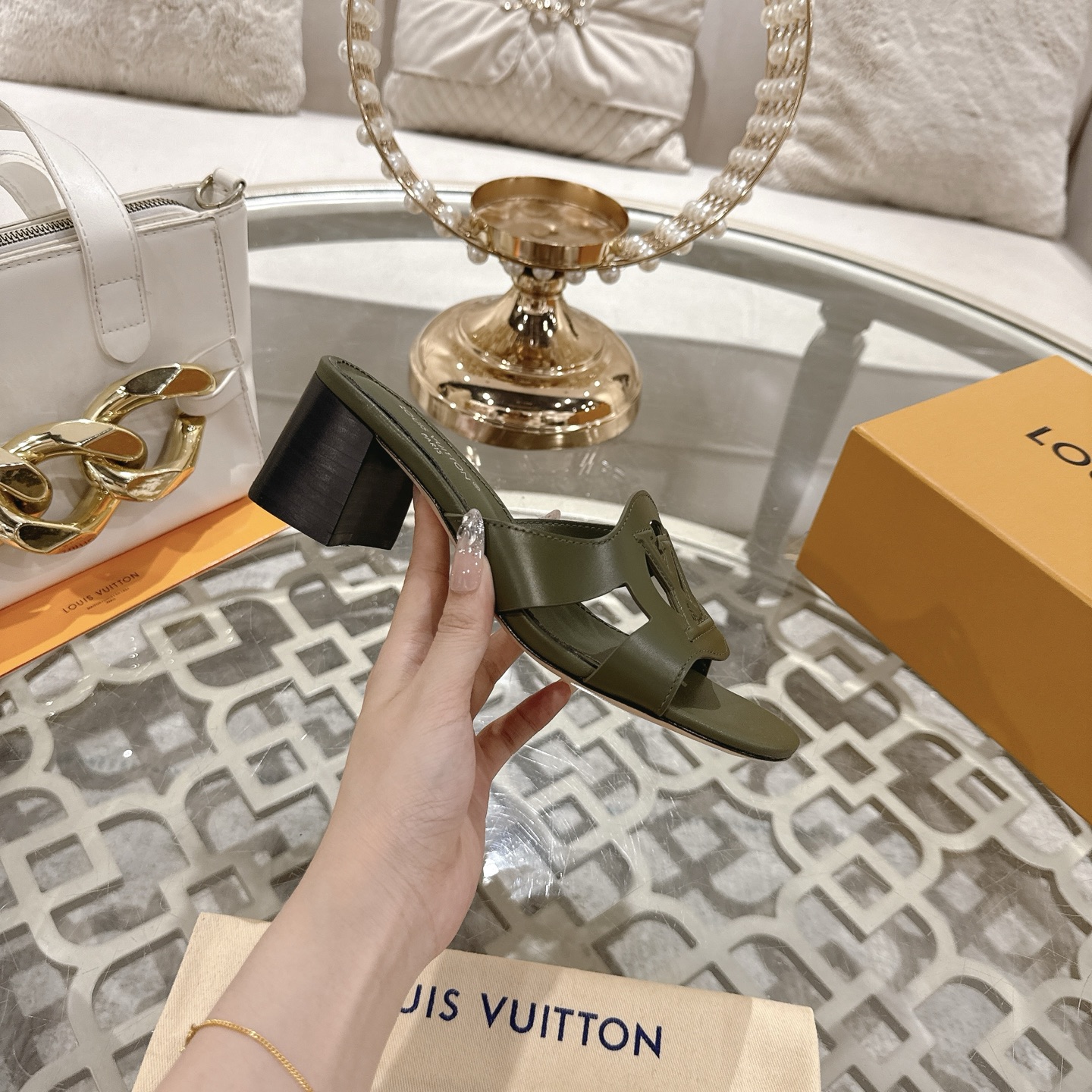 Louis Vuitton Women's Olive Green Leather Block Heel Sandals with LV Logo 6 i1743059927586 62 0 4