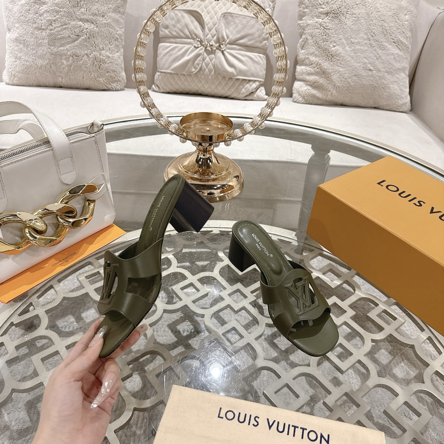 Louis Vuitton Women's Olive Green Leather Block Heel Sandals with LV Logo 5 i1743059927610 1771 0 3