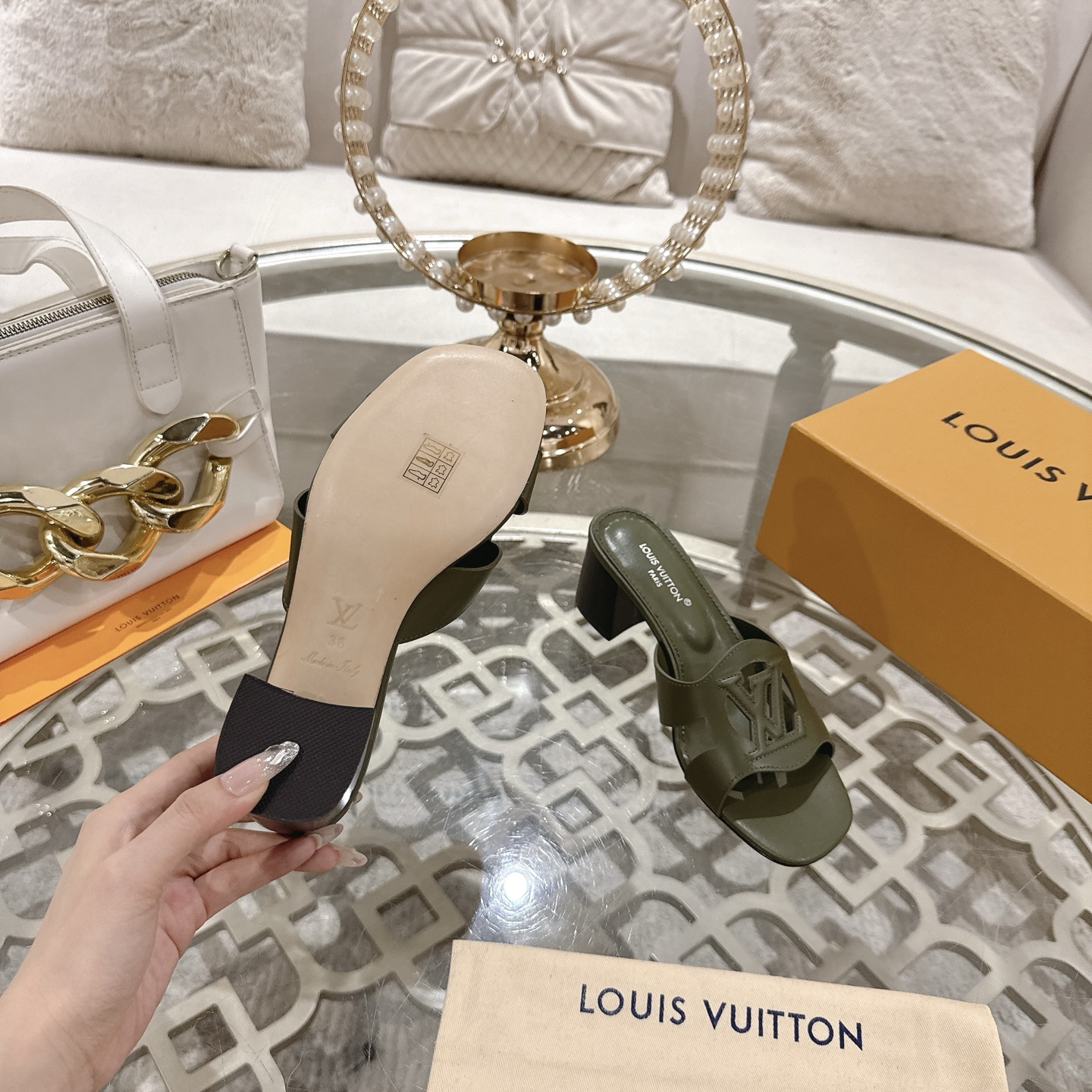 Louis Vuitton Women's Olive Green Leather Block Heel Sandals with LV Logo 10 i1743059927625 3380 0 8