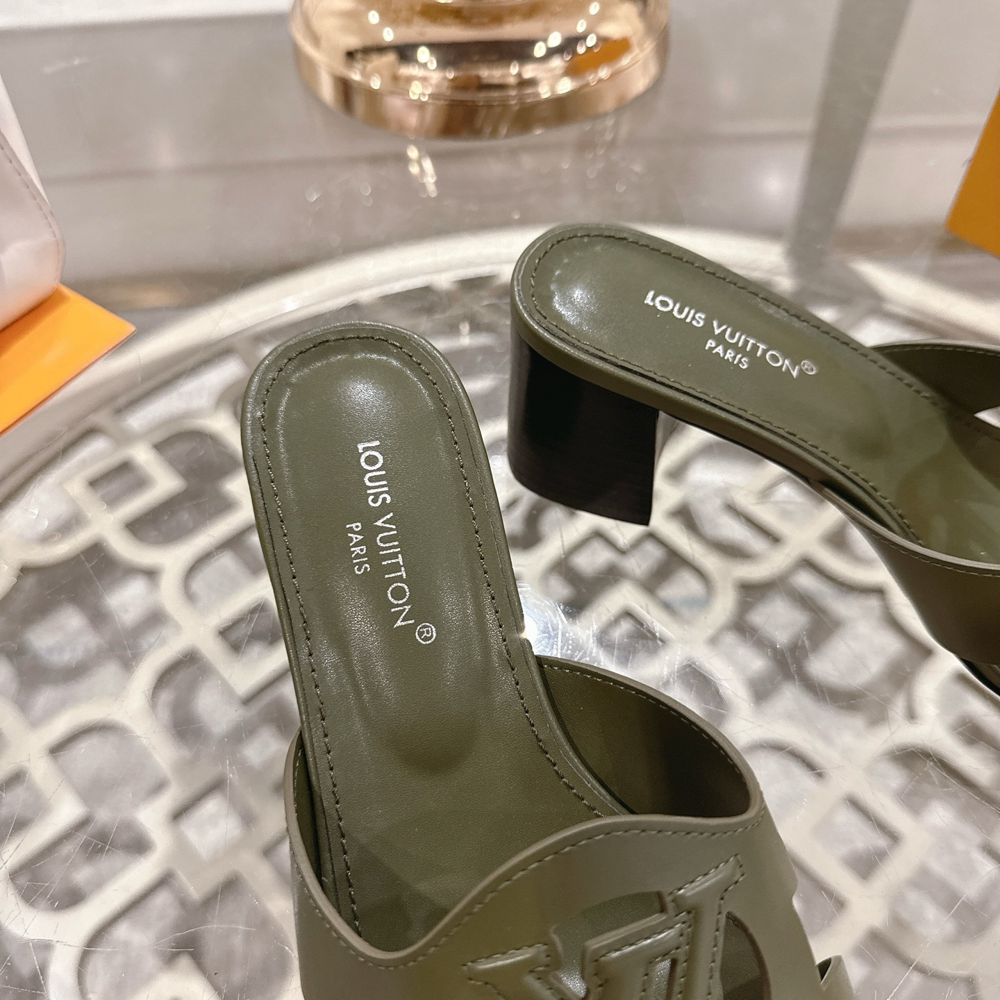 Louis Vuitton Women's Olive Green Leather Block Heel Sandals with LV Logo 9 i1743059928291 5097 0 7