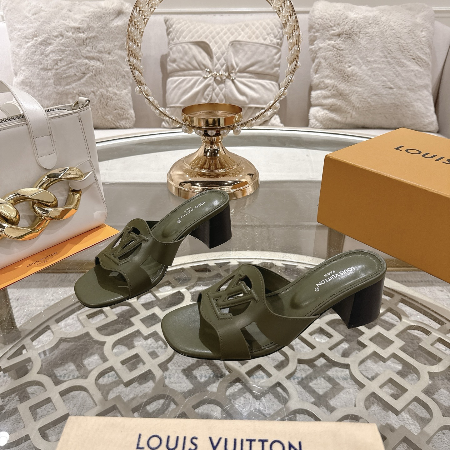 Louis Vuitton Women's Olive Green Leather Block Heel Sandals with LV Logo 1 Louis Vuitton Women's Olive Green Leather Block Heel Sandals with LV Logo