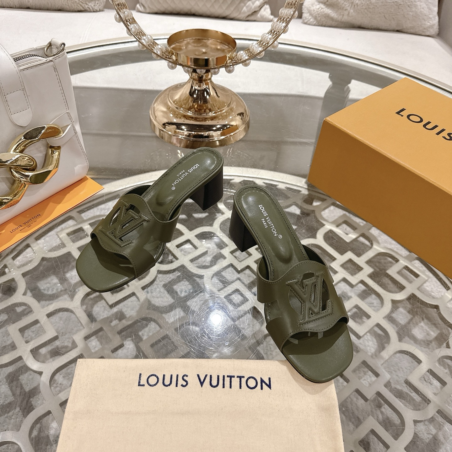 Louis Vuitton Women's Olive Green Leather Block Heel Sandals with LV Logo 4 i1743059928427 4940 0 1