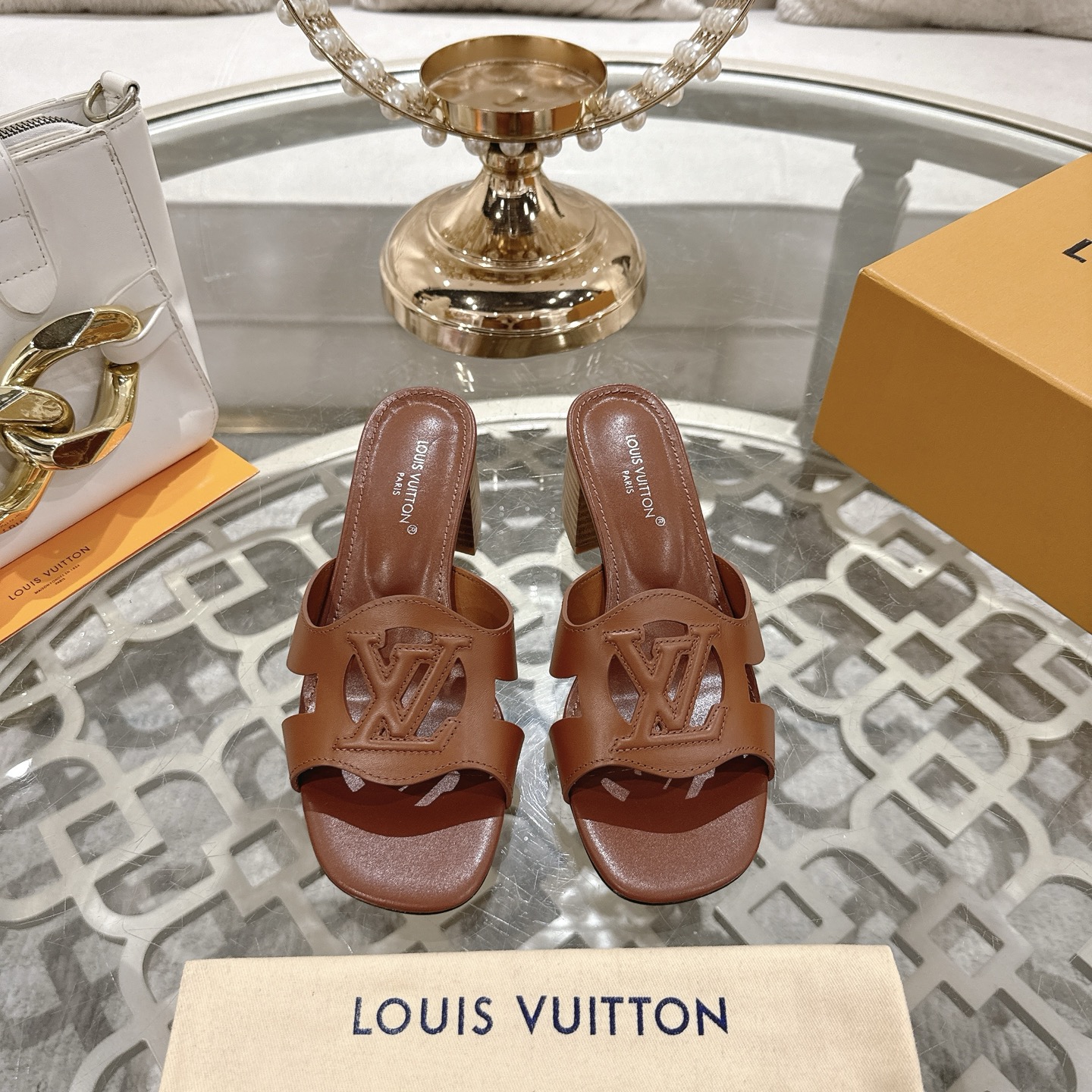 Louis Vuitton Women's Brown Leather Block Heel Sandals with LV Cutout 3 i1743059953516 315 0 0