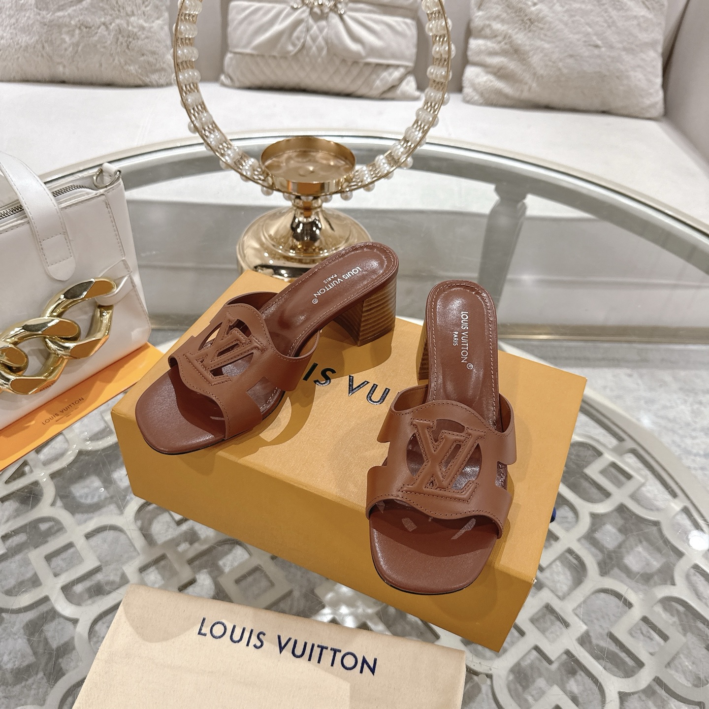 Louis Vuitton Women's Brown Leather Block Heel Sandals with LV Cutout 7 i1743059953638 962 0 5