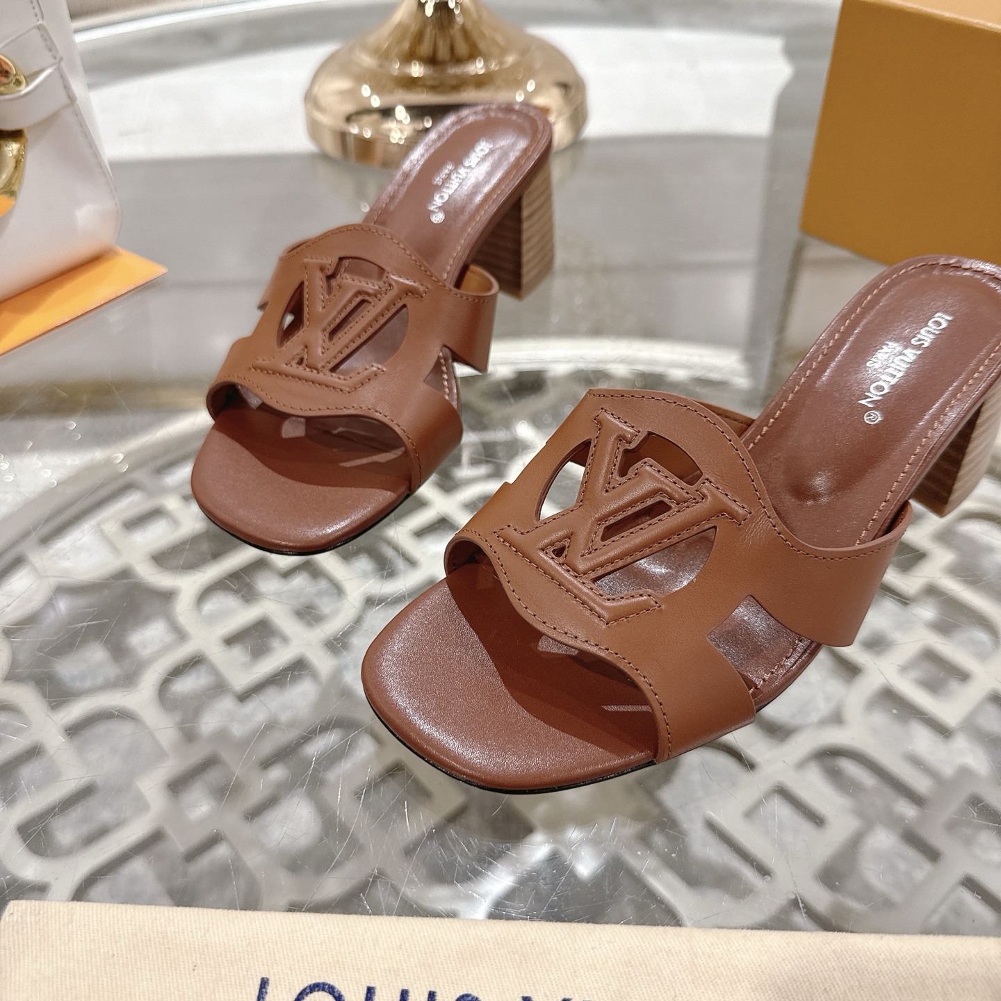 Louis Vuitton Women's Brown Leather Block Heel Sandals with LV Cutout 9 i1743059953639 7032 0 7