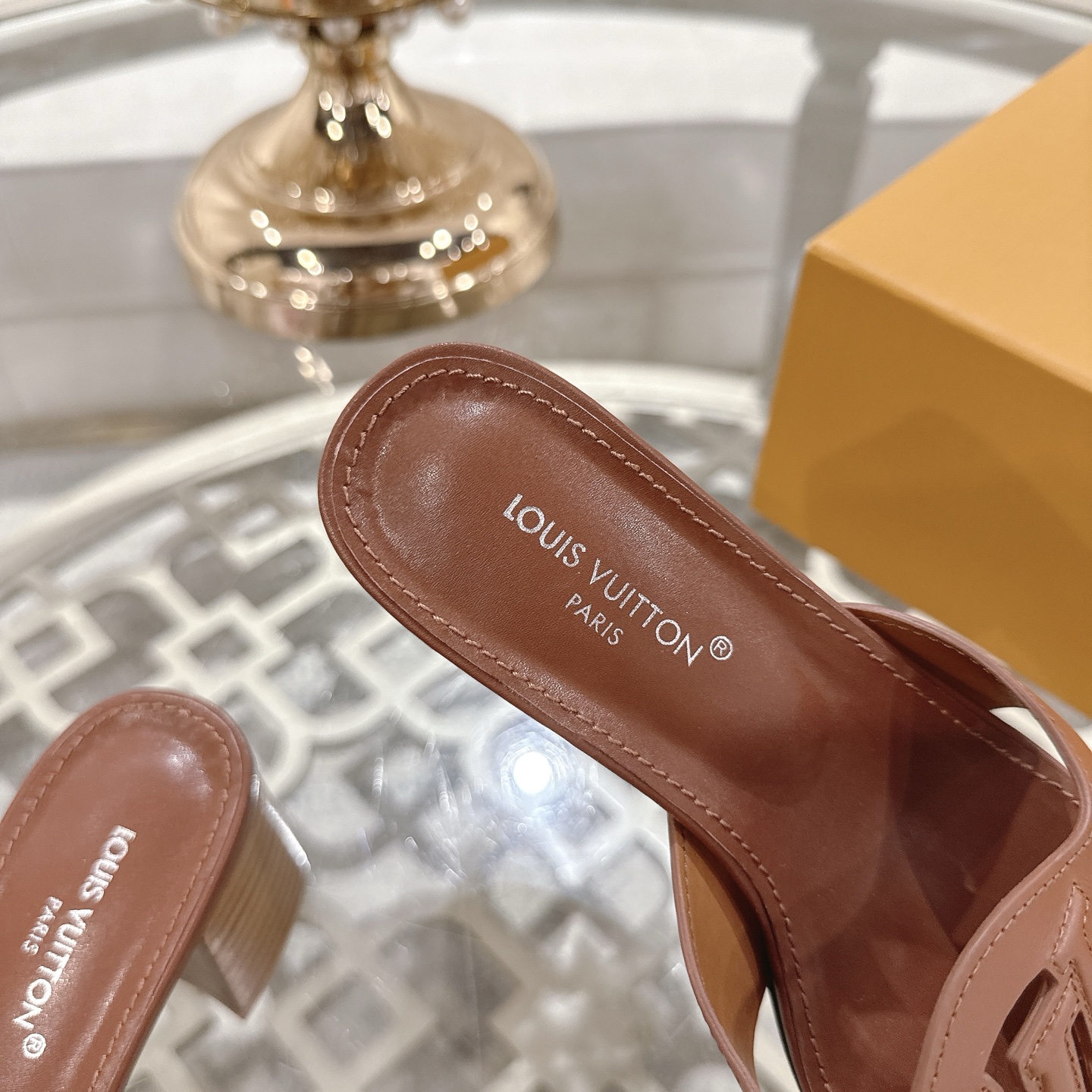 Louis Vuitton Women's Brown Leather Block Heel Sandals with LV Cutout 8 i1743059953669 714 0 6