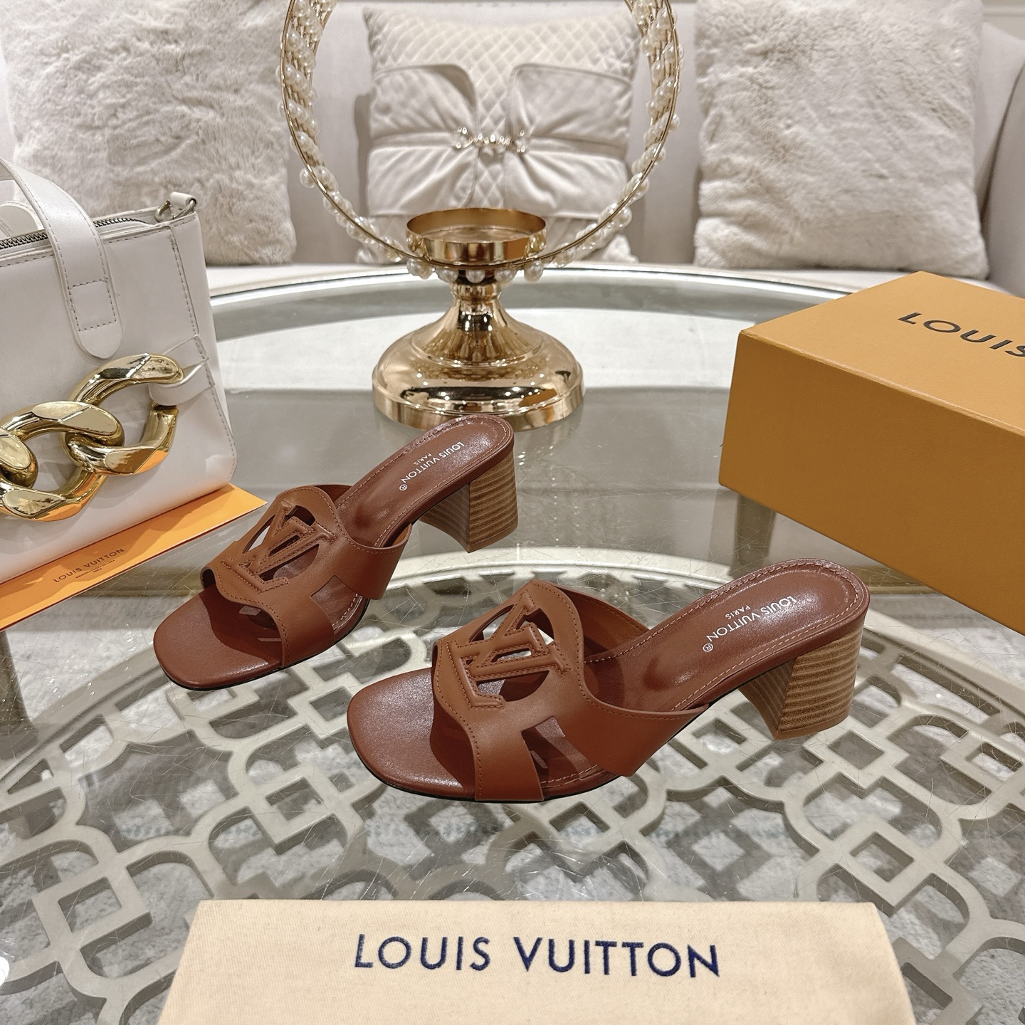 Louis Vuitton Women's Brown Leather Block Heel Sandals with LV Cutout 2 i1743059954462 7686 0 2
