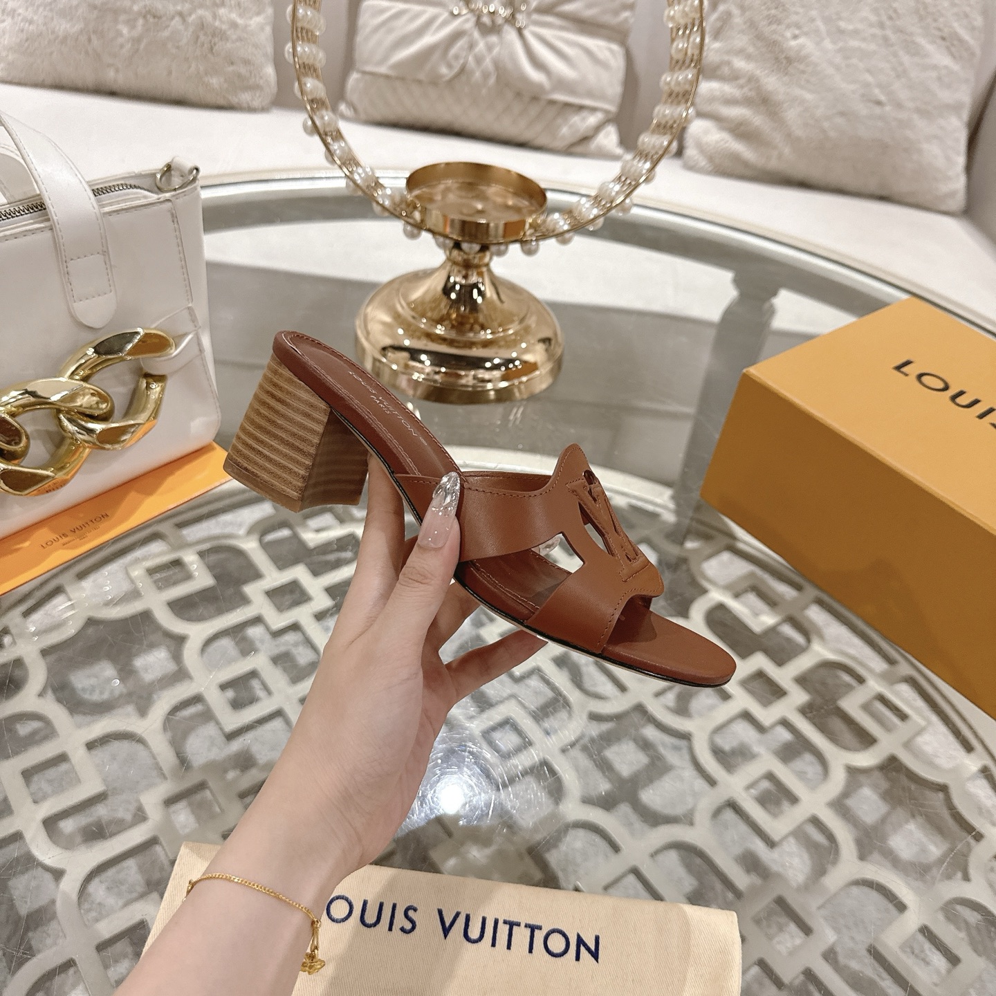 Louis Vuitton Women's Brown Leather Block Heel Sandals with LV Cutout 6 i1743059954566 5227 0 4