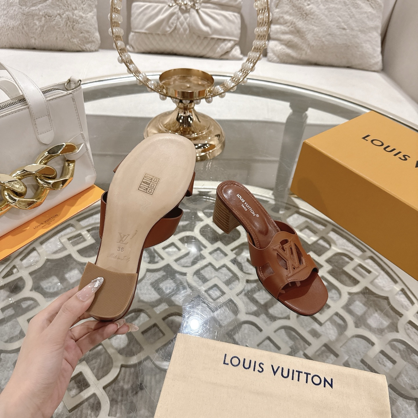 Louis Vuitton Women's Brown Leather Block Heel Sandals with LV Cutout 10 i1743059954568 7444 0 8