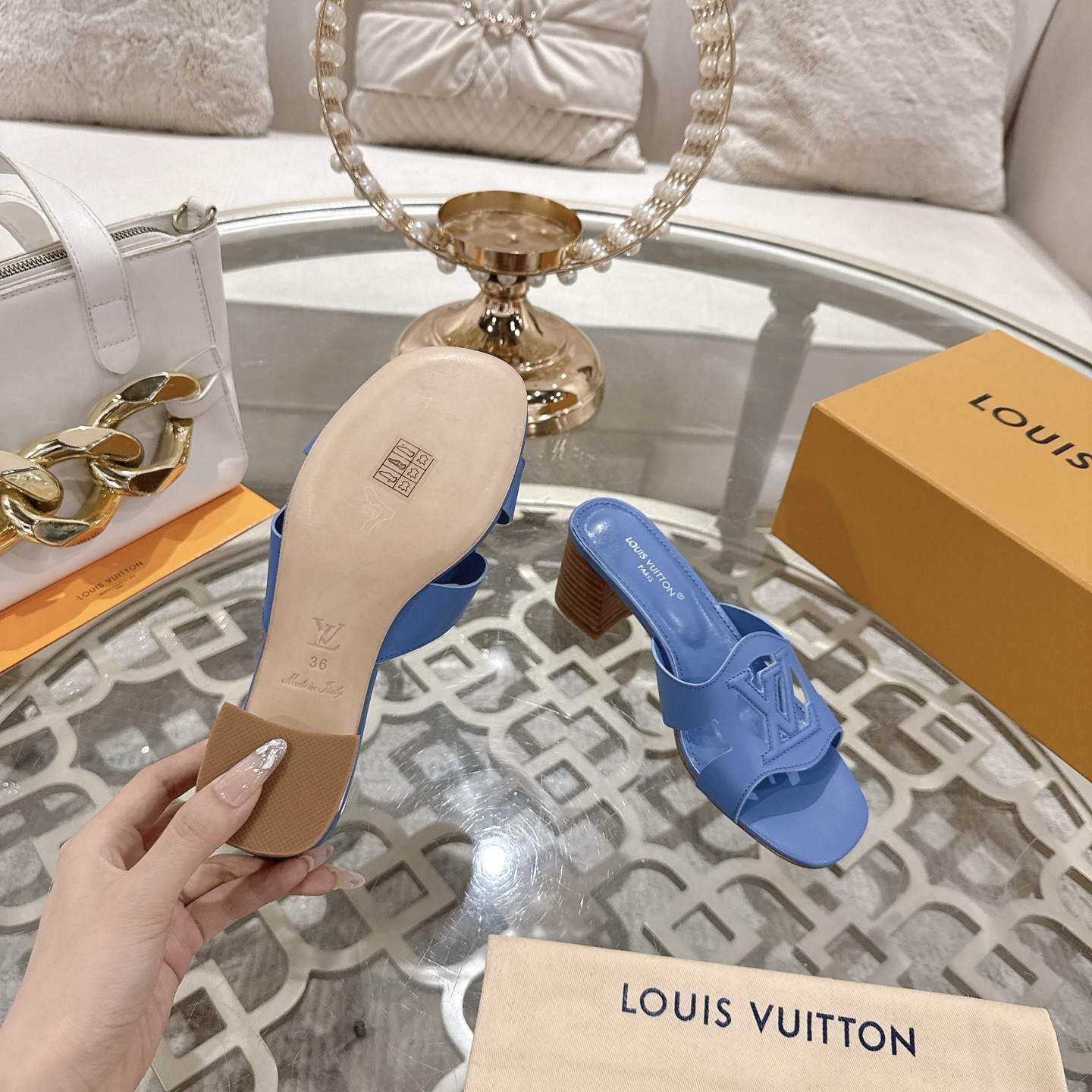 Louis Vuitton 2025 Spring/Summer Blue Leather Heeled Mules Sandals 10 i1743060047357 3860 0 8