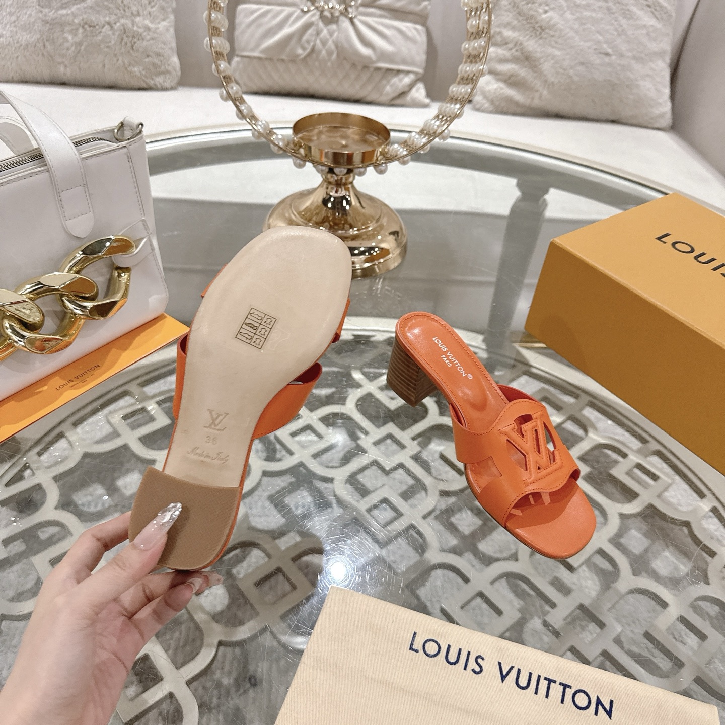 Louis Vuitton 2025 Spring/Summer Leather Block Heel Sandals - Orange 10 i1743060068674 3042 0 8