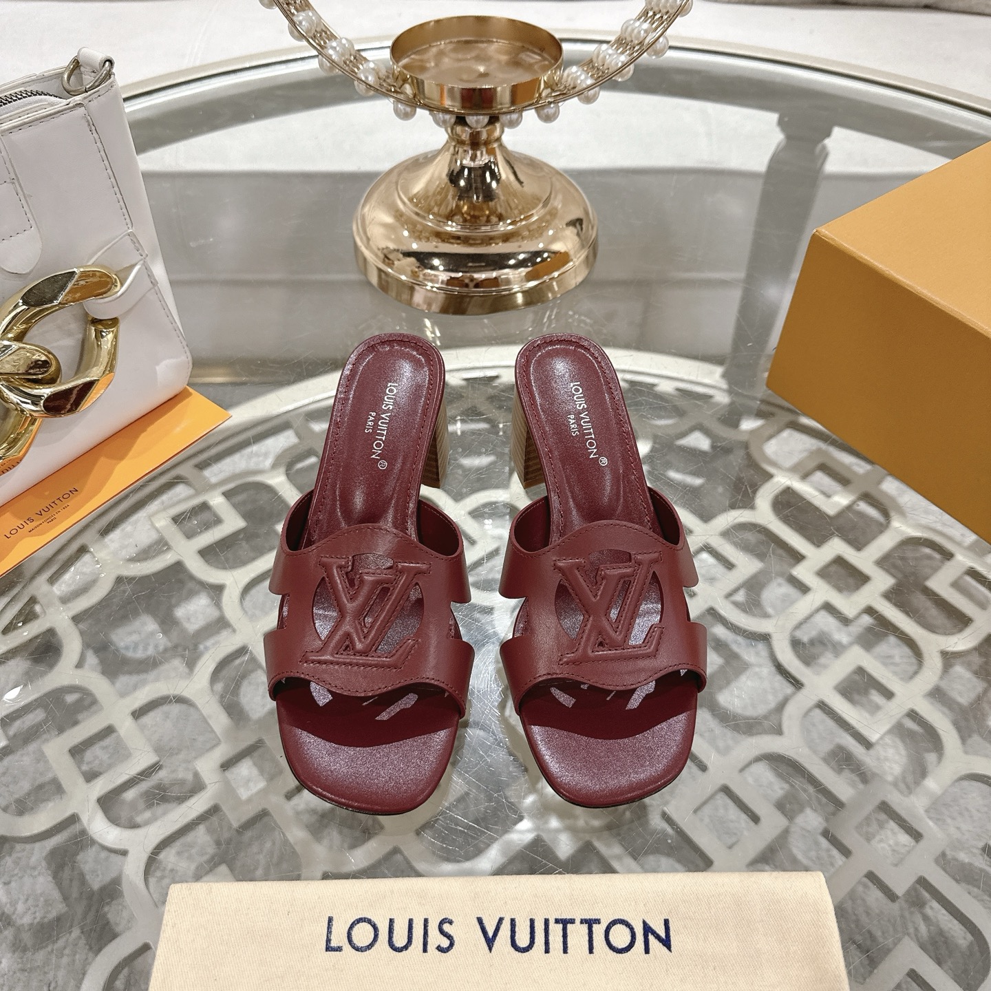 Louis Vuitton Women's Burgundy Leather Block Heel Mules Sandals Size 35-39 3 i1743060091808 5738 0 0