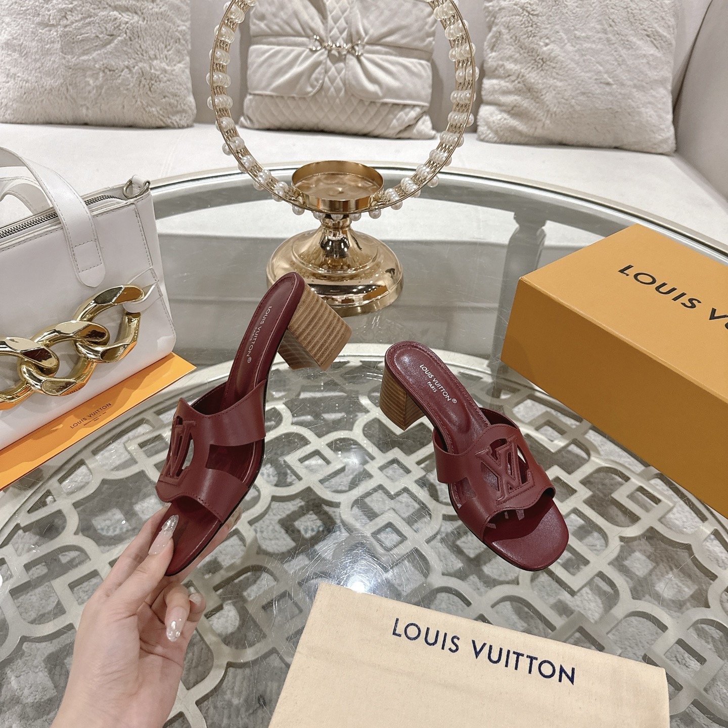 Louis Vuitton Women's Burgundy Leather Block Heel Mules Sandals Size 35-39 5 i1743060092603 7833 0 3