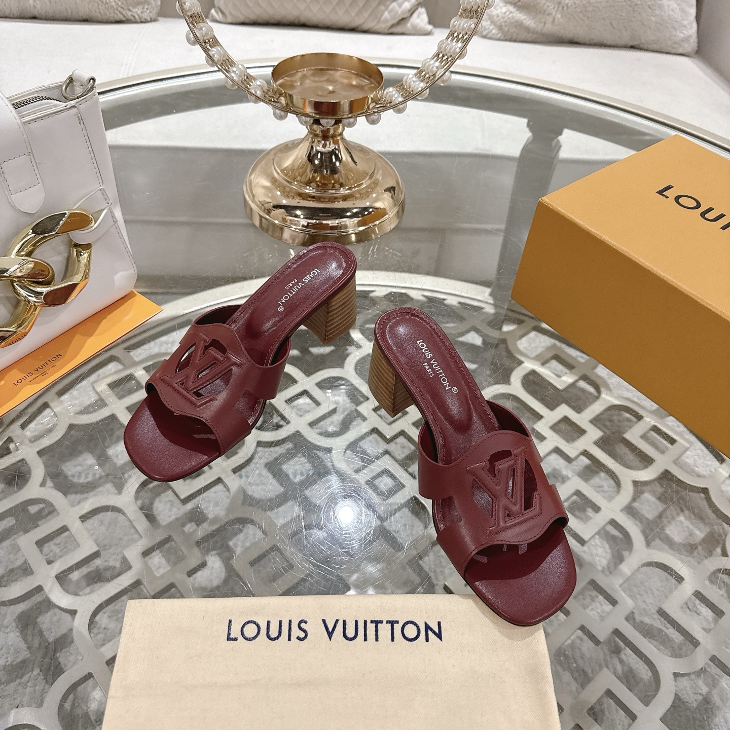 Louis Vuitton Women's Burgundy Leather Block Heel Mules Sandals Size 35-39 4 i1743060092612 9531 0 1