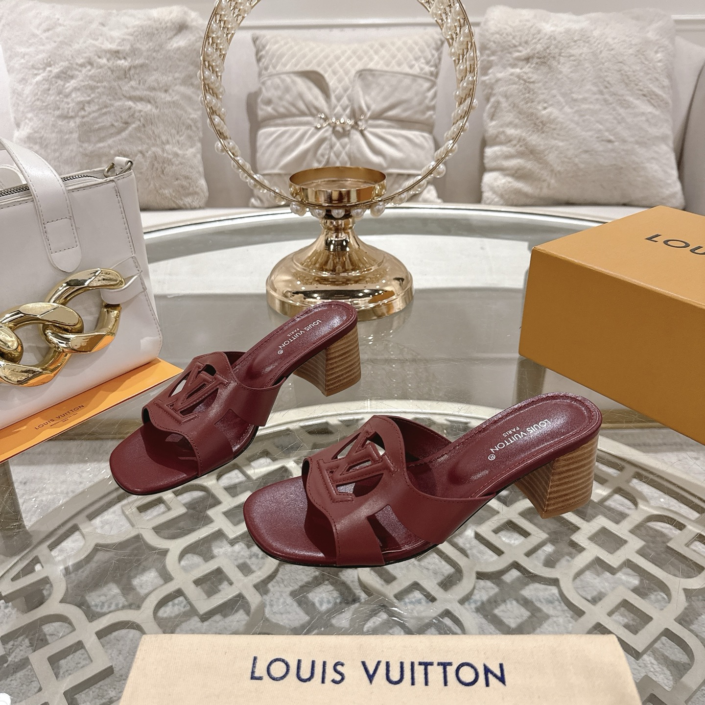 Louis Vuitton Women's Burgundy Leather Block Heel Mules Sandals Size 35-39 2 i1743060092617 4735 0 2