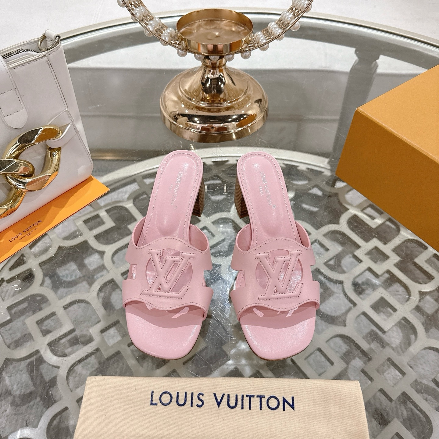 Louis Vuitton Women's Leather Block Heel Sandals - Pink, Retro Style 3 i1743060112526 3617 0 0