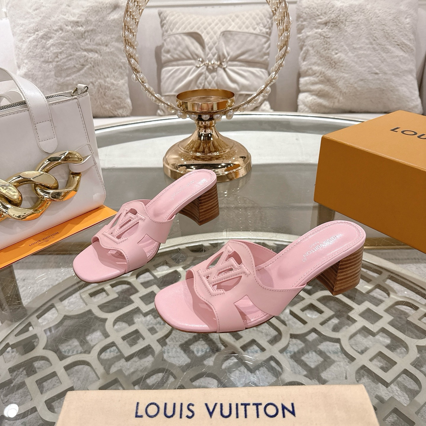 Louis Vuitton Women's Leather Block Heel Sandals - Pink, Retro Style 1 Louis Vuitton Women's Leather Block Heel Sandals - Pink, Retro Style