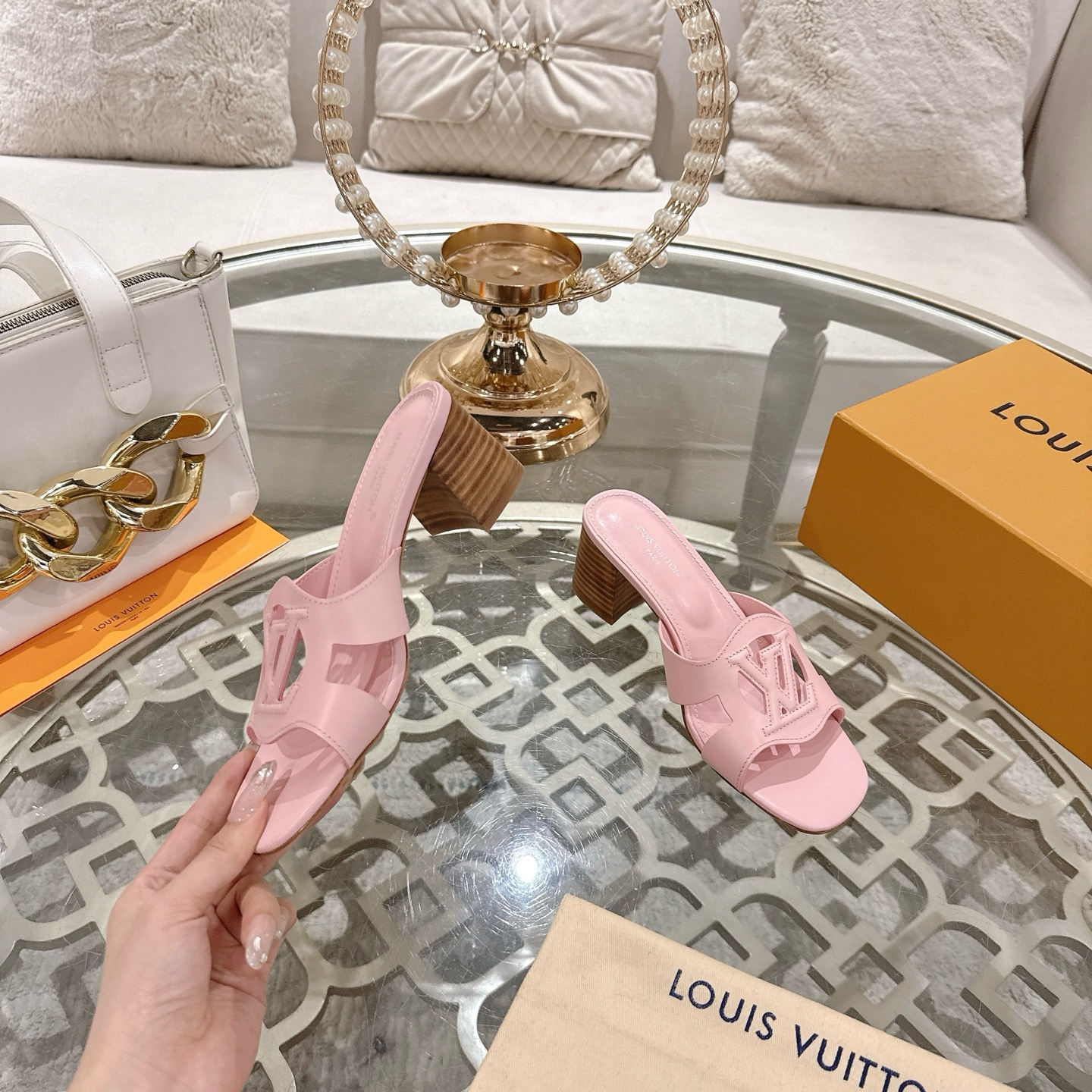 Louis Vuitton Women's Leather Block Heel Sandals - Pink, Retro Style 5 i1743060113173 7987 0 3