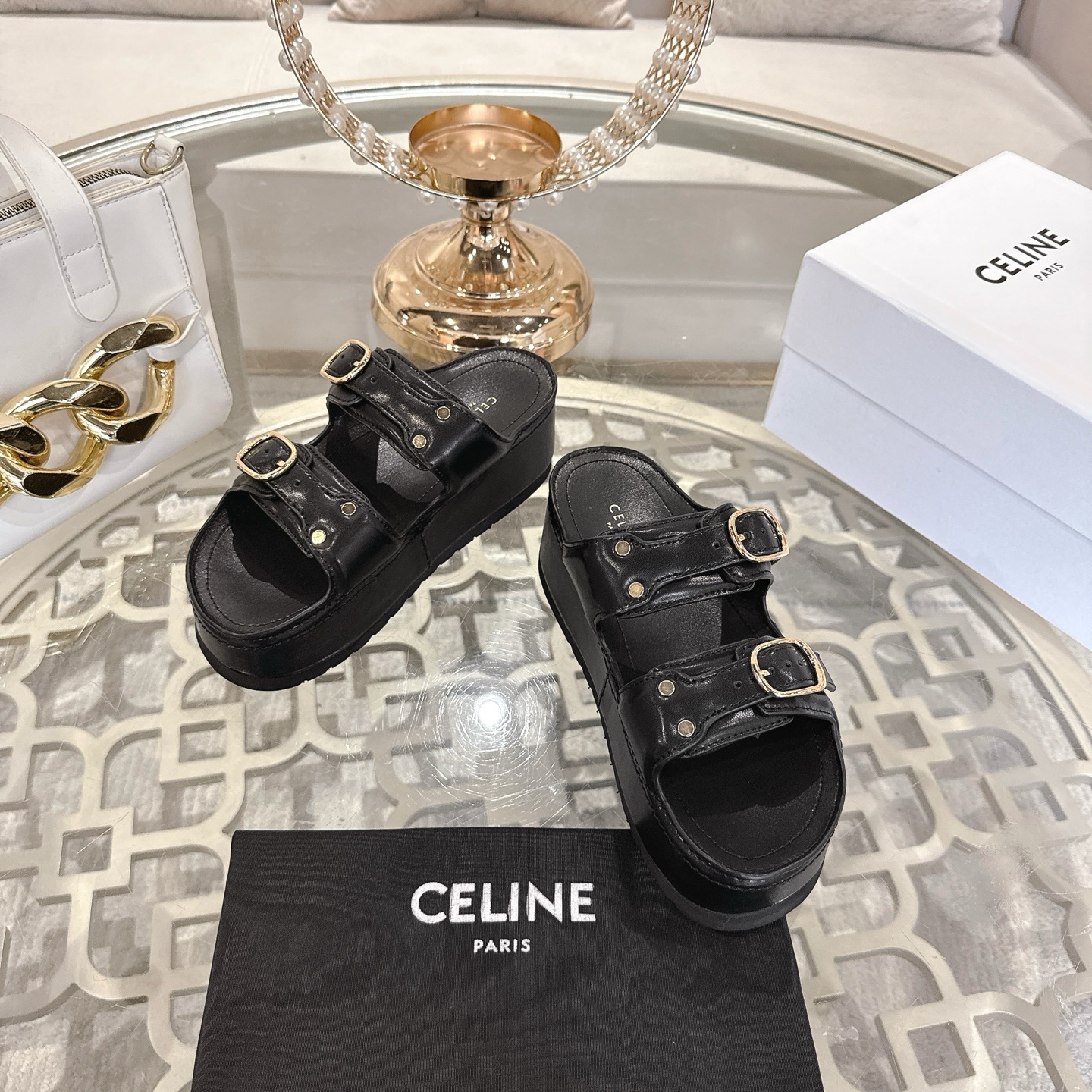 Celine 25SS Black Leather Platform Sandals with Triomphe Buckles 4 i1743138240265 8853 0 1