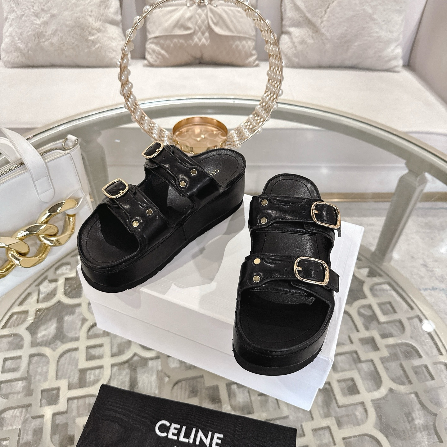 Celine 25SS Black Leather Platform Sandals with Triomphe Buckles 7 i1743138240309 3612 0 5