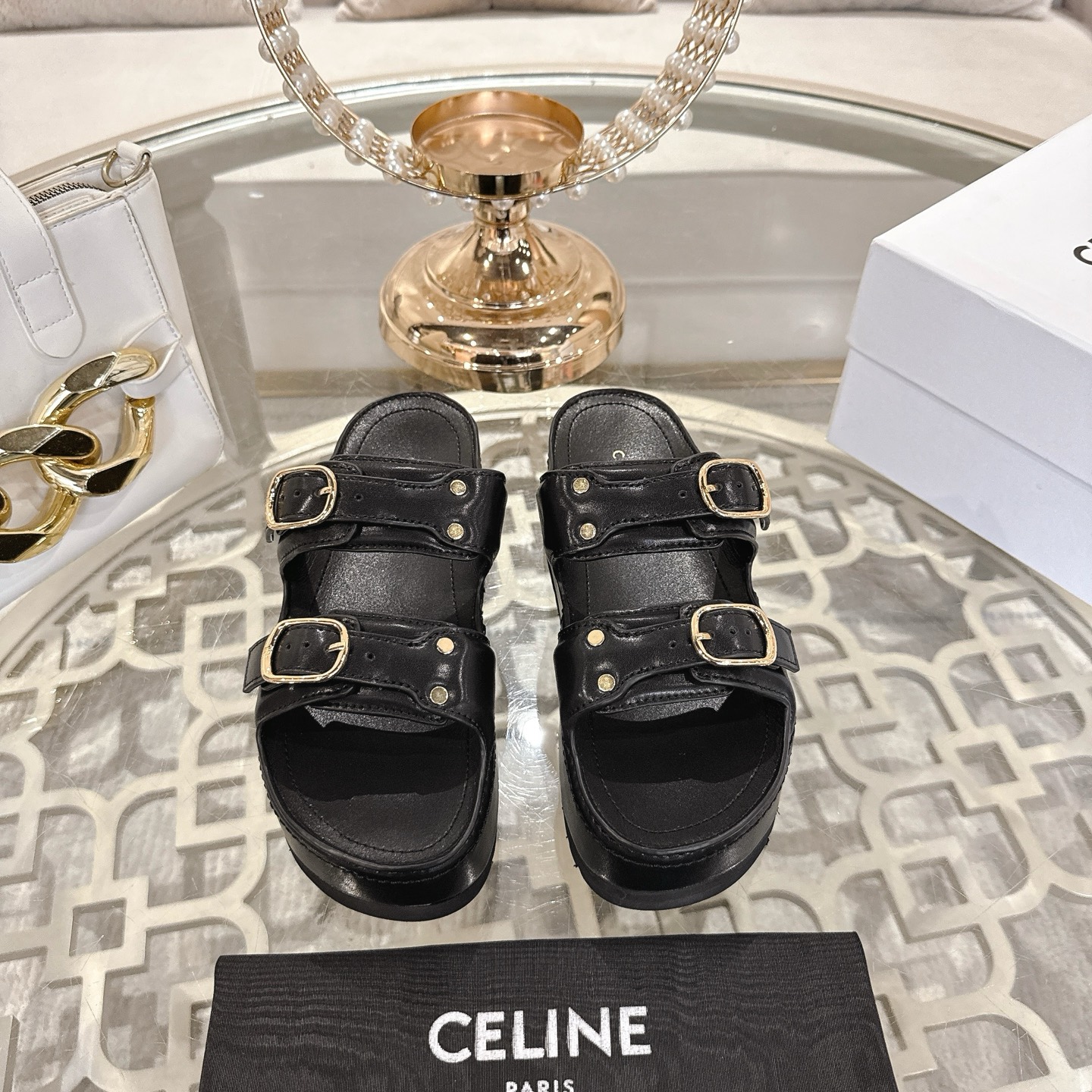 Celine 25SS Black Leather Platform Sandals with Triomphe Buckles 3 i1743138240348 4230 0 0