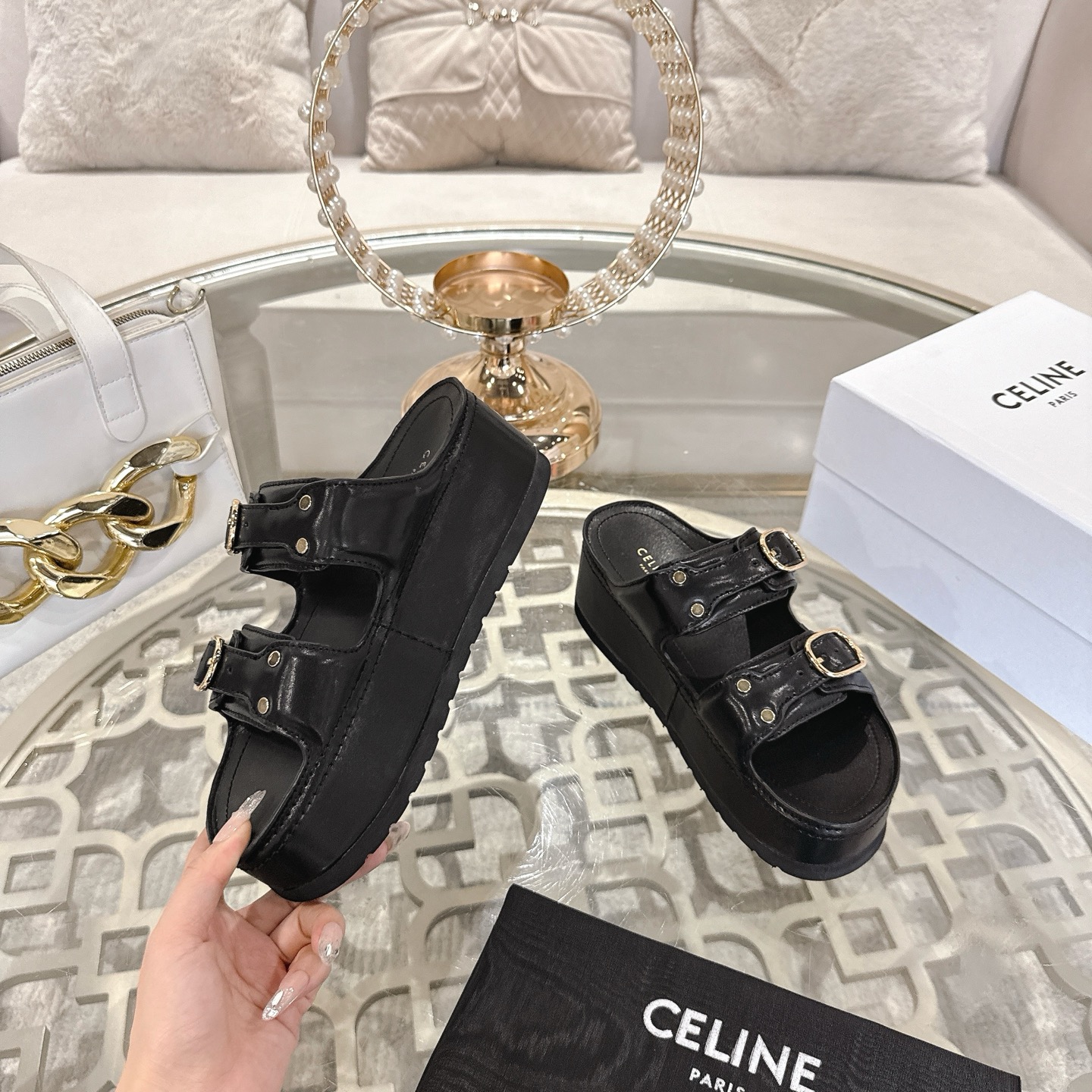 Celine 25SS Black Leather Platform Sandals with Triomphe Buckles 5 i1743138241147 9147 0 3