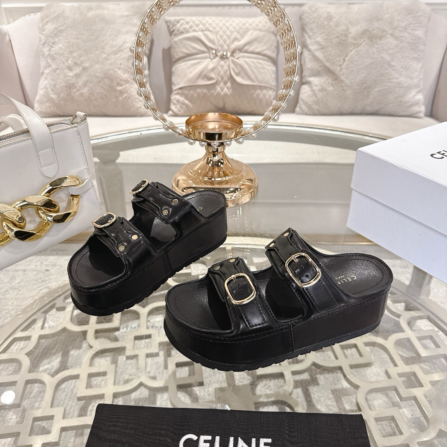 Celine 25SS Black Leather Platform Sandals with Triomphe Buckles 1 Celine 25SS Black Leather Platform Sandals with Triomphe Buckles
