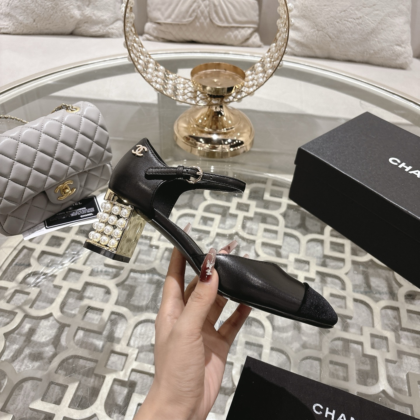 Chanel Pearl Embellished Mary Janes with Double C Buckle, Lambskin, Black 6 i1753591449655 1421 0 4