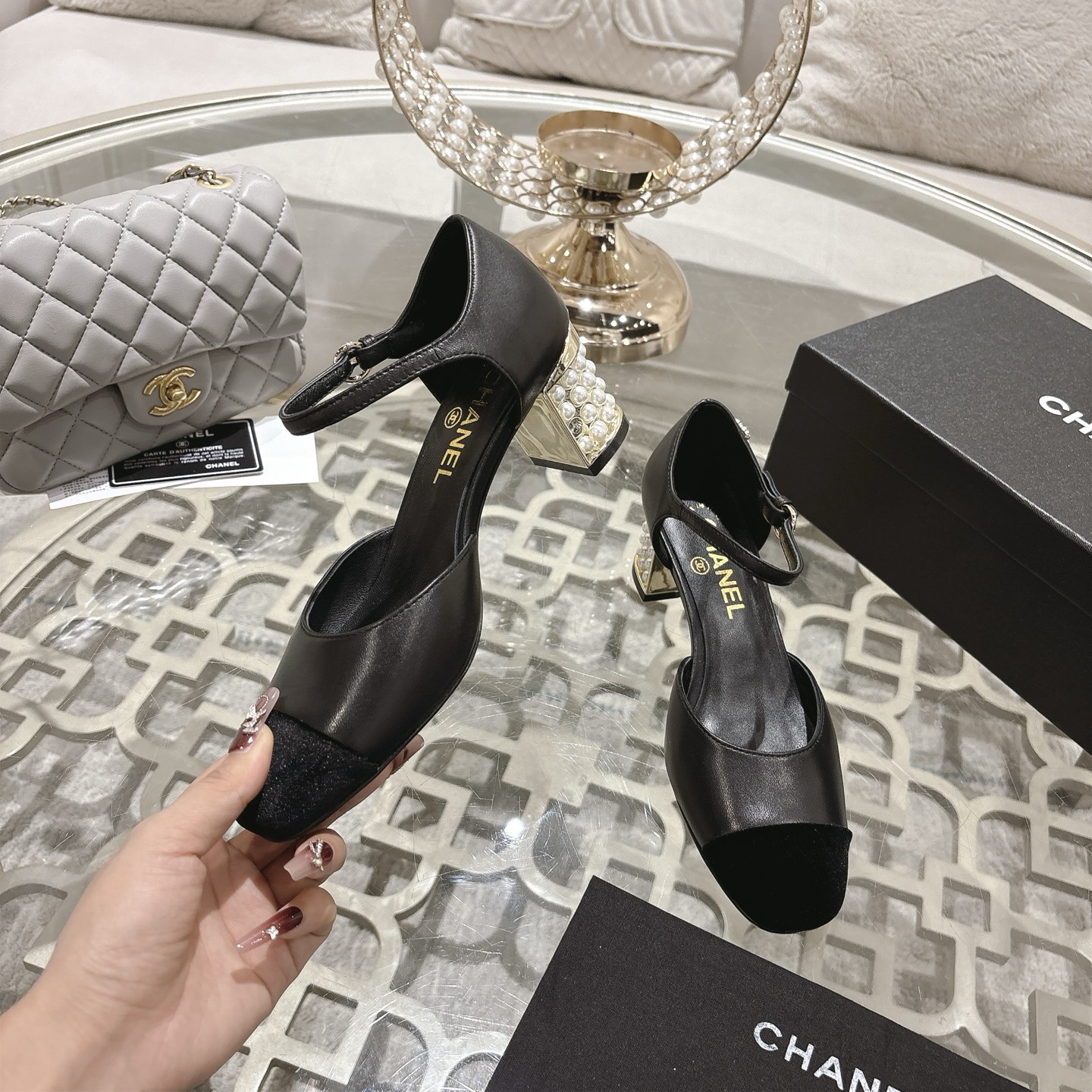 Chanel Pearl Embellished Mary Janes with Double C Buckle, Lambskin, Black 5 i1753591449773 2134 0 3